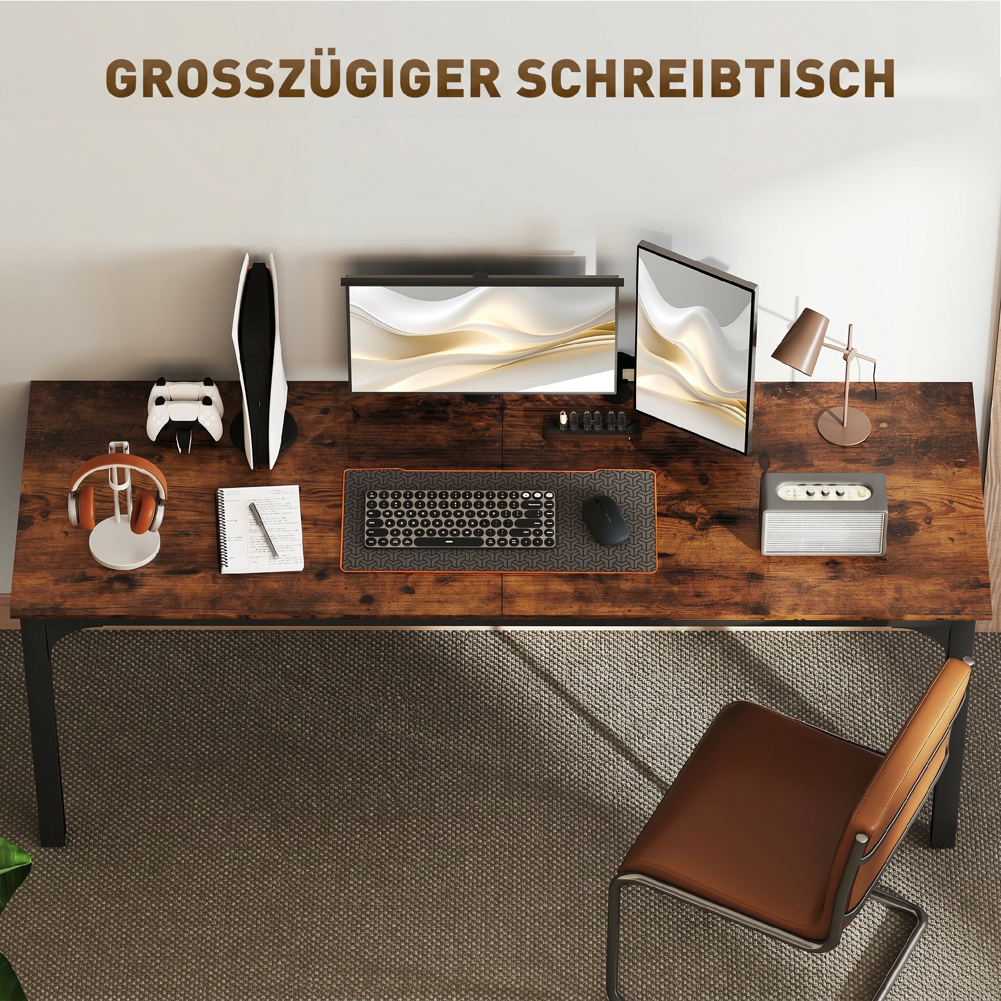 Schreibtisch, Computertisch, rustikales Design, viel Platz, Spanplatte, Braun