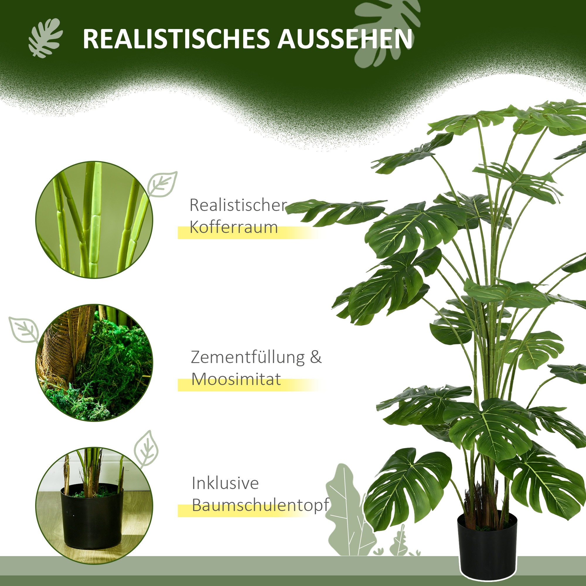 180 cm Kunstpflanze, mit Übertopf, Kunstmoos, Zimmerpflanze für Wohnzimmer, realistischer Look, Grün