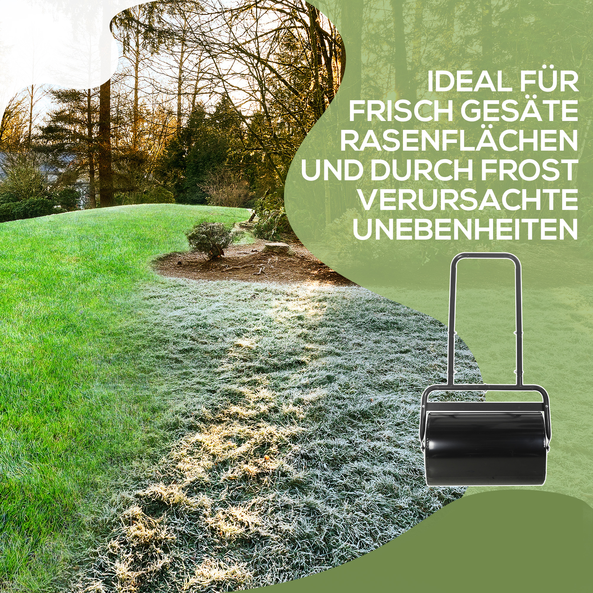 Rasenwalze mit U-Griff, Gartenwalze, Gartenrolle, 32 cm Durchmesser, 38 L Wasser-/62 kg Sand, Metall, Schwarz, 58 x 32,5 x 113 cm