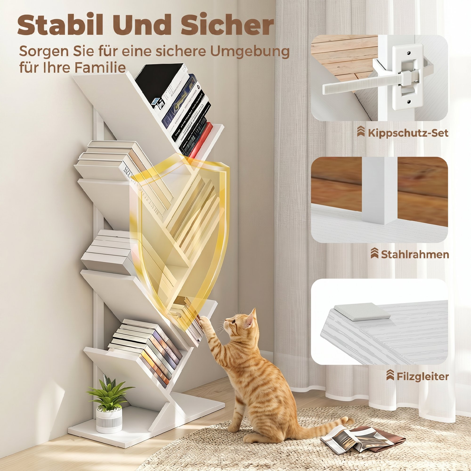 Bücherregal Standregal mit 7 Ebenen Schmal Regal im Baumform für Büro, Rustikal Weiß