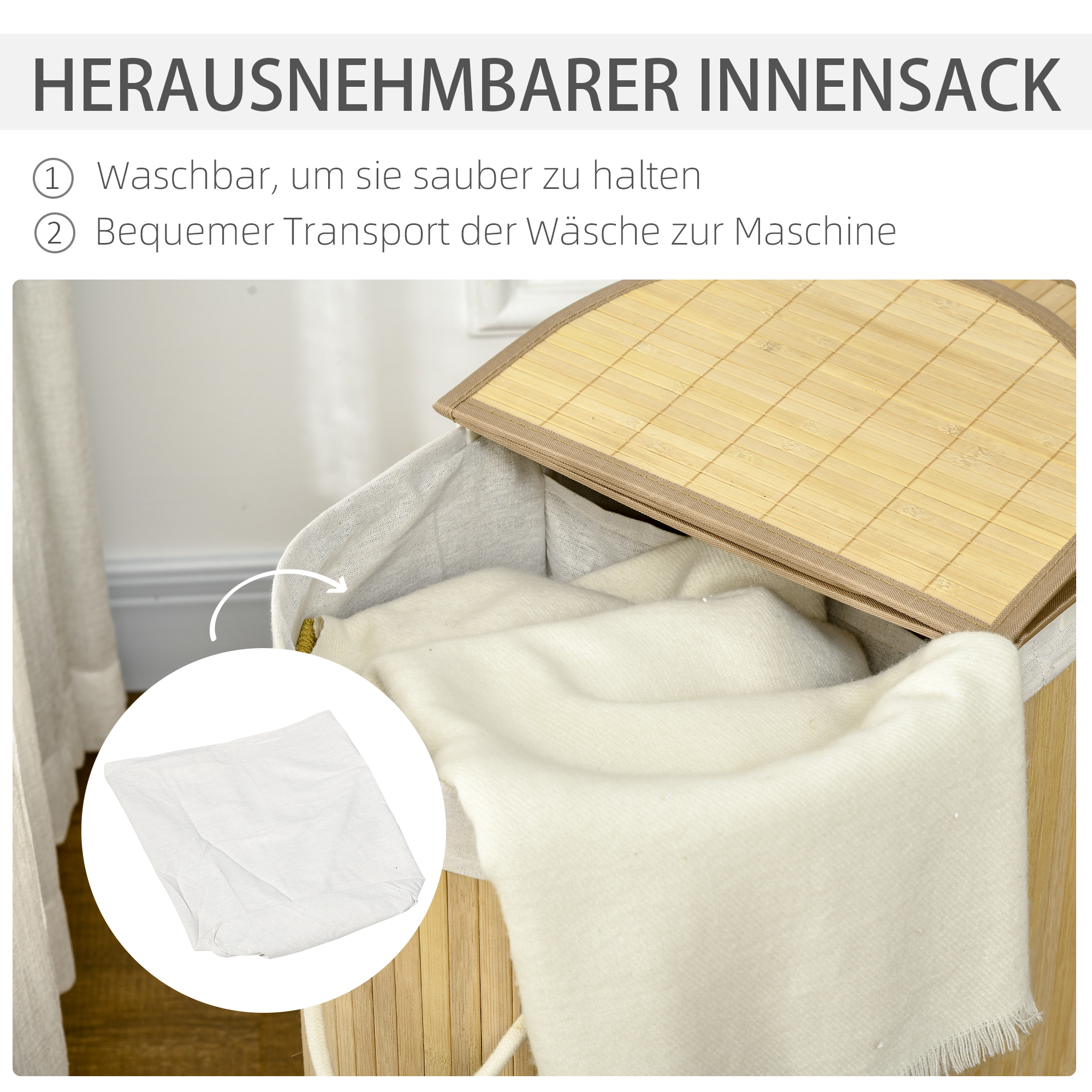Wäschekorb 100L mit herausnehmbaren Wäschebank 62,5 cm x 37 cm x 60,5 cm Natur + Weiß