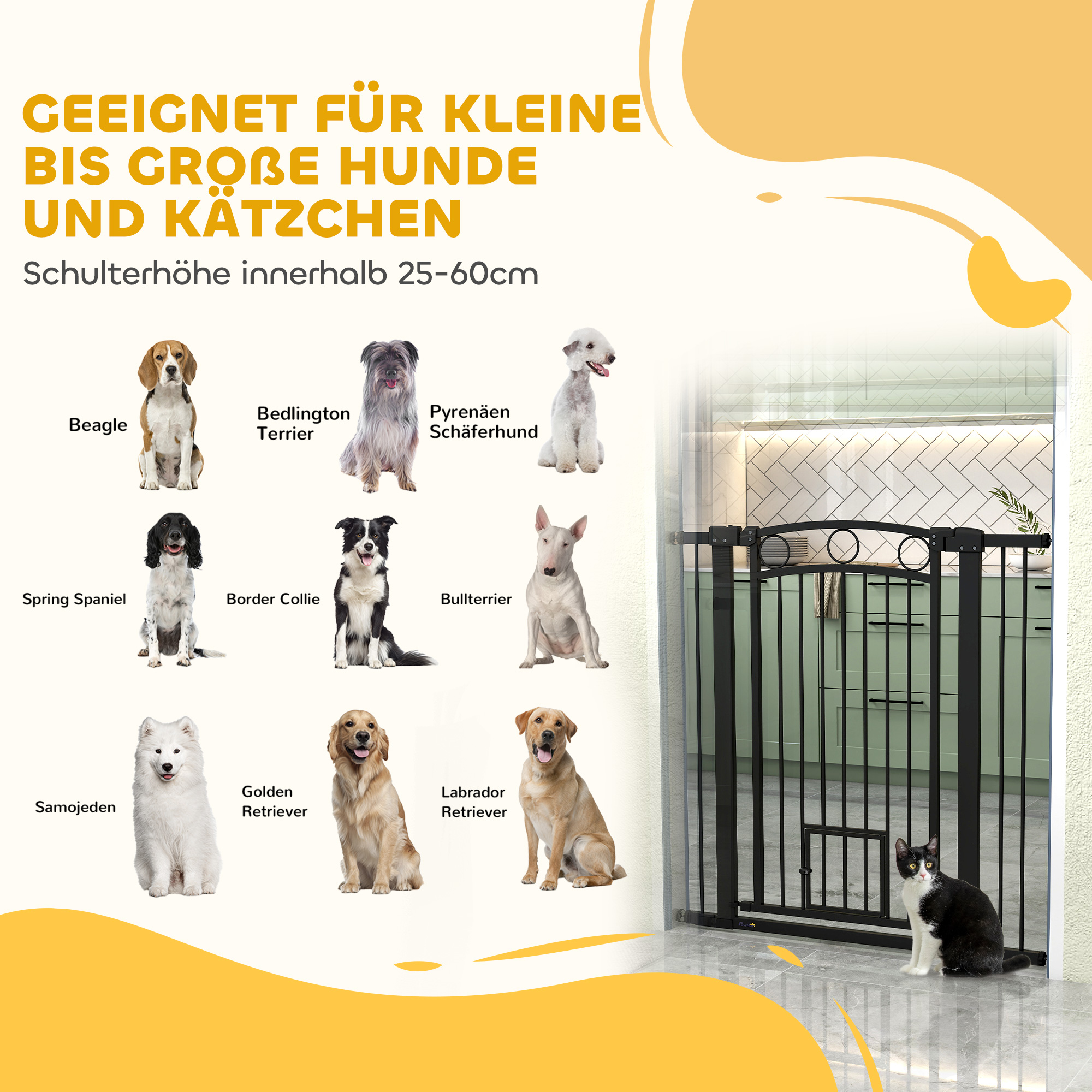 106 cm hohes Haustiergitter mit anpassbarer Breite, integrierte Katzentür, für Treppen und Türrahmen, Schwarz