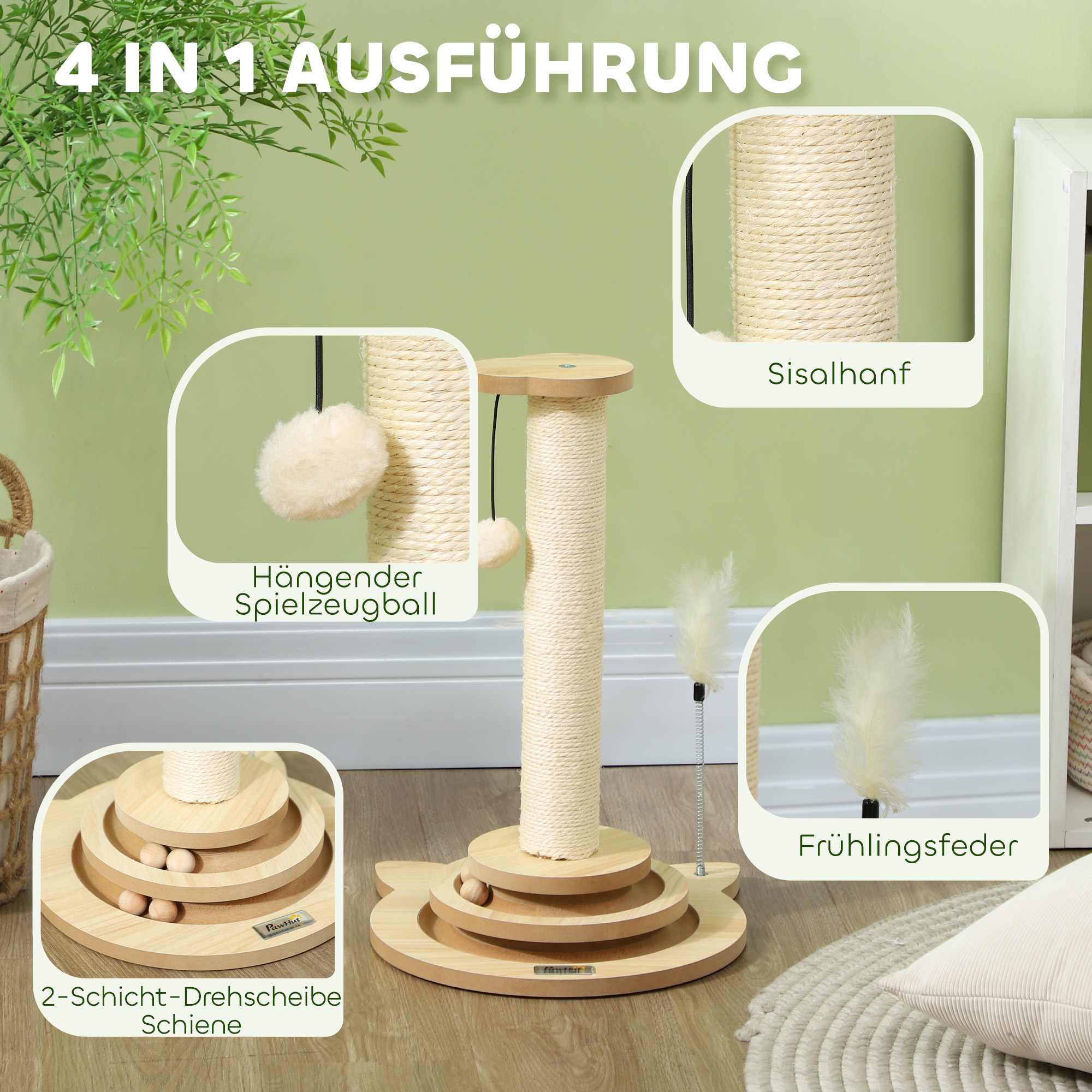 Katzen-Kratzbaum, 49 cm, Sisal-Kratzpfosten, Kugelbahn, Spielball, Spielfeder, 4-in-1-Design, Eiche, Weiß