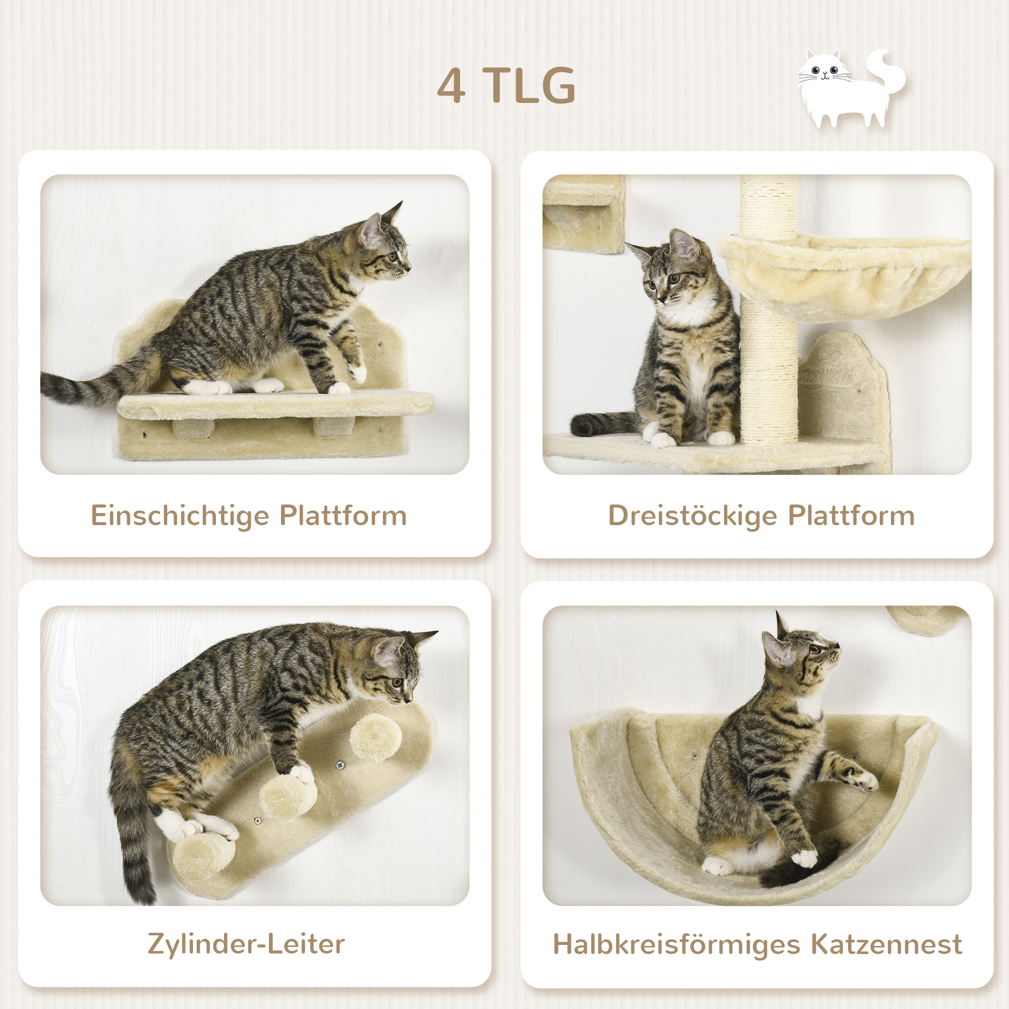 Kletterwand-Set für Katzen, 4-teilig, mit Katzentreppe, Hängematte, Plattform und Kratzbaum, Beige