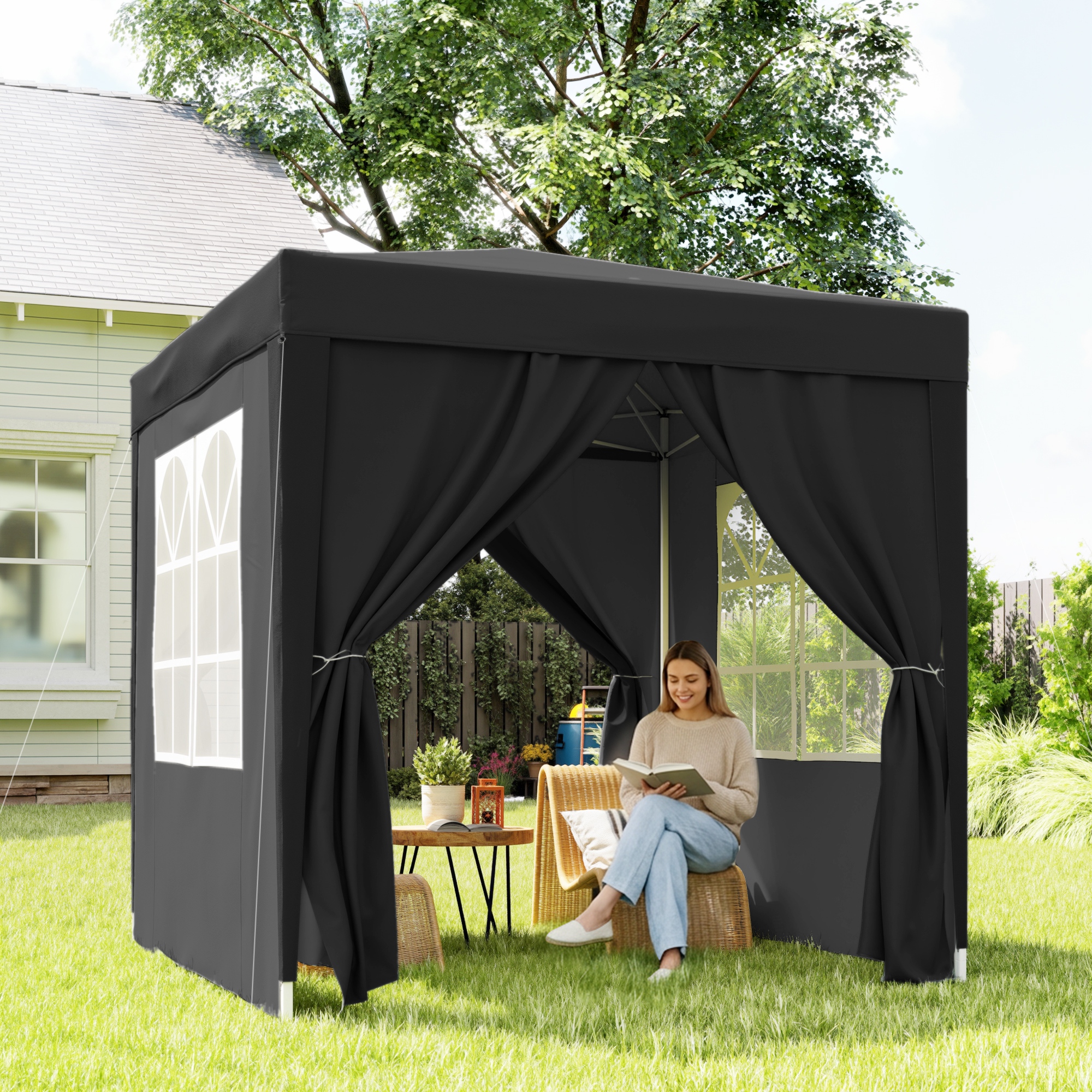 Faltpavillon, Bierzelt, 4 abnehmbare Seitenwände, 2 Fenster, Metallrahmen, 2 x 2m, Schwarz