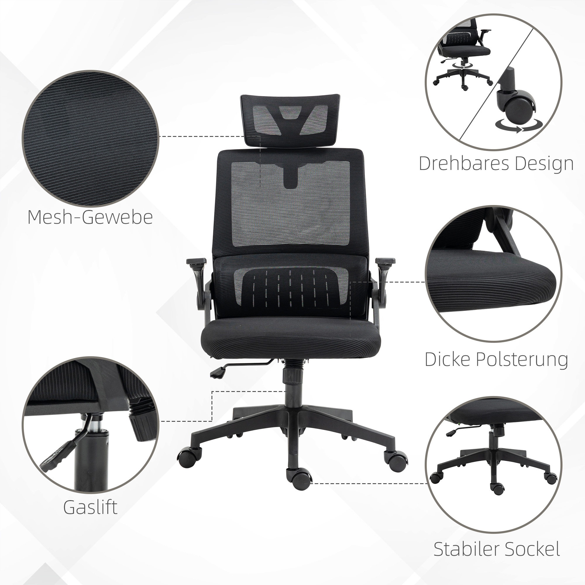 Bürostuhl Schreibtischstuhl Office-Stuhl, höhenverstellbar, 1 Kopfstütze, 60 x 61 x 121,5 cm. Schwarz
