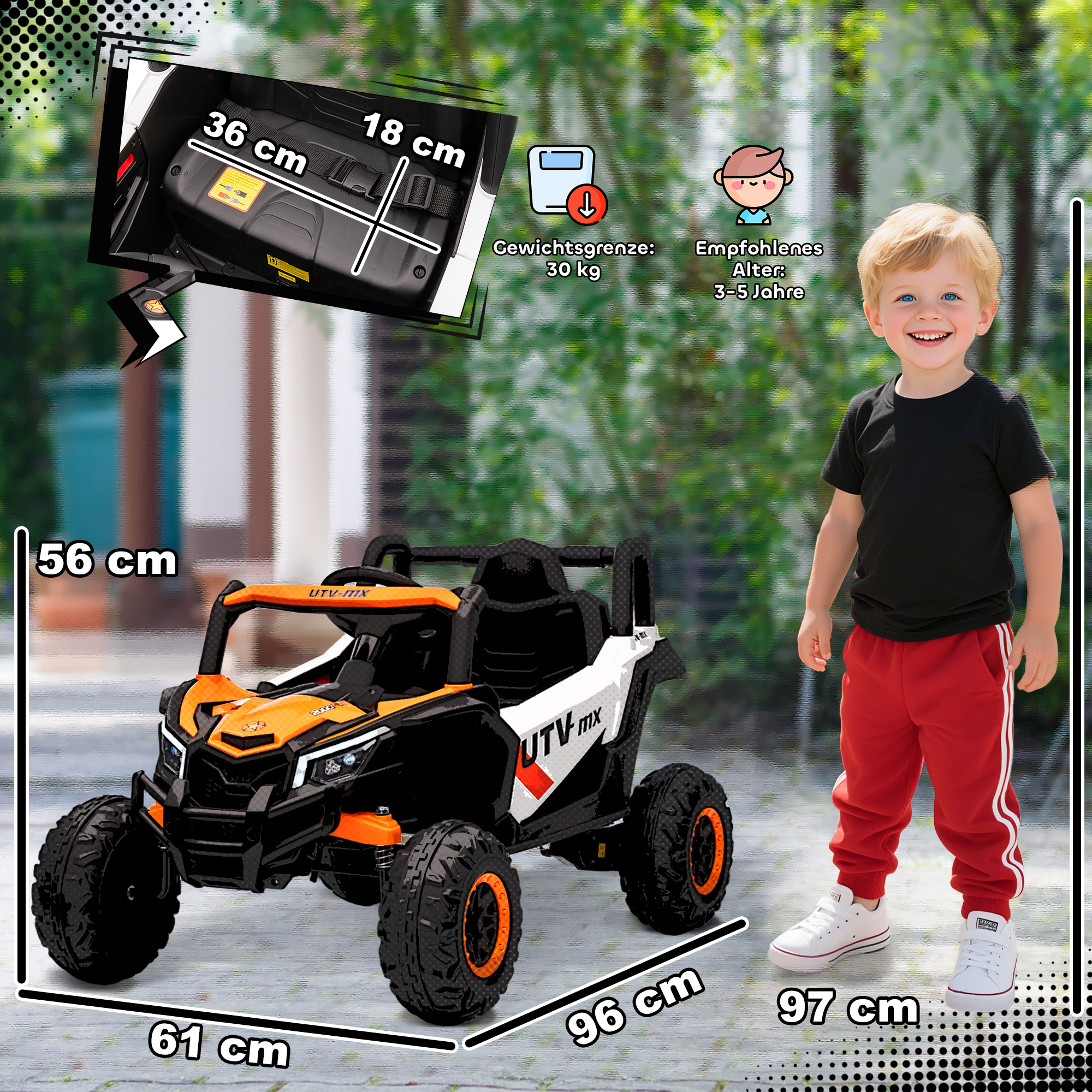12V Elektroauto für Kinder, Fernbedienungsfunktion, Gurt, Hupe, LED-Lichter, USB-Port, für 3-5 Jahre, Orange