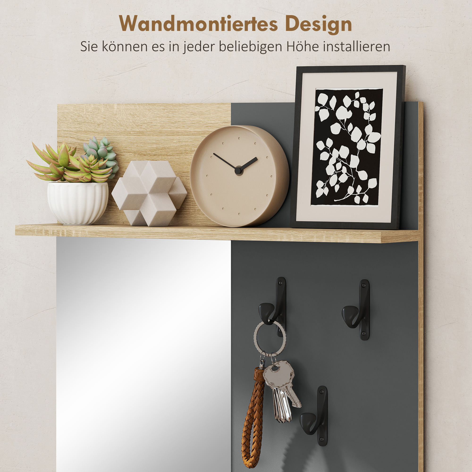 Garderobenset für Eingangsbereich, Schuhbank, Spiegel, 3 Haken, Offenes Regal, Flurmöbel, Naturholz+Grau