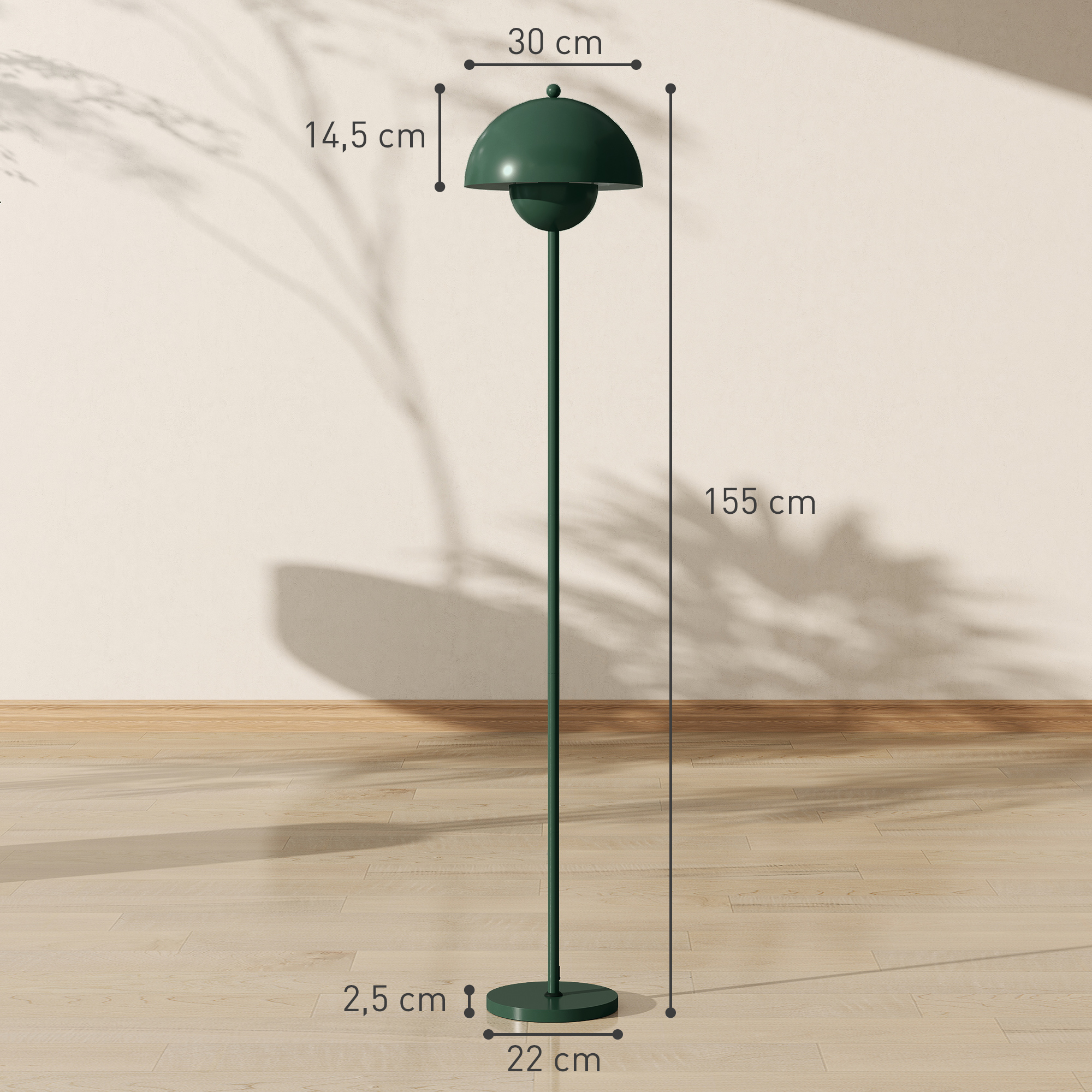 Stehlampe, runder Schirm, Fußschalter, langes Kabel, eleganter Look, Stahl, Grün