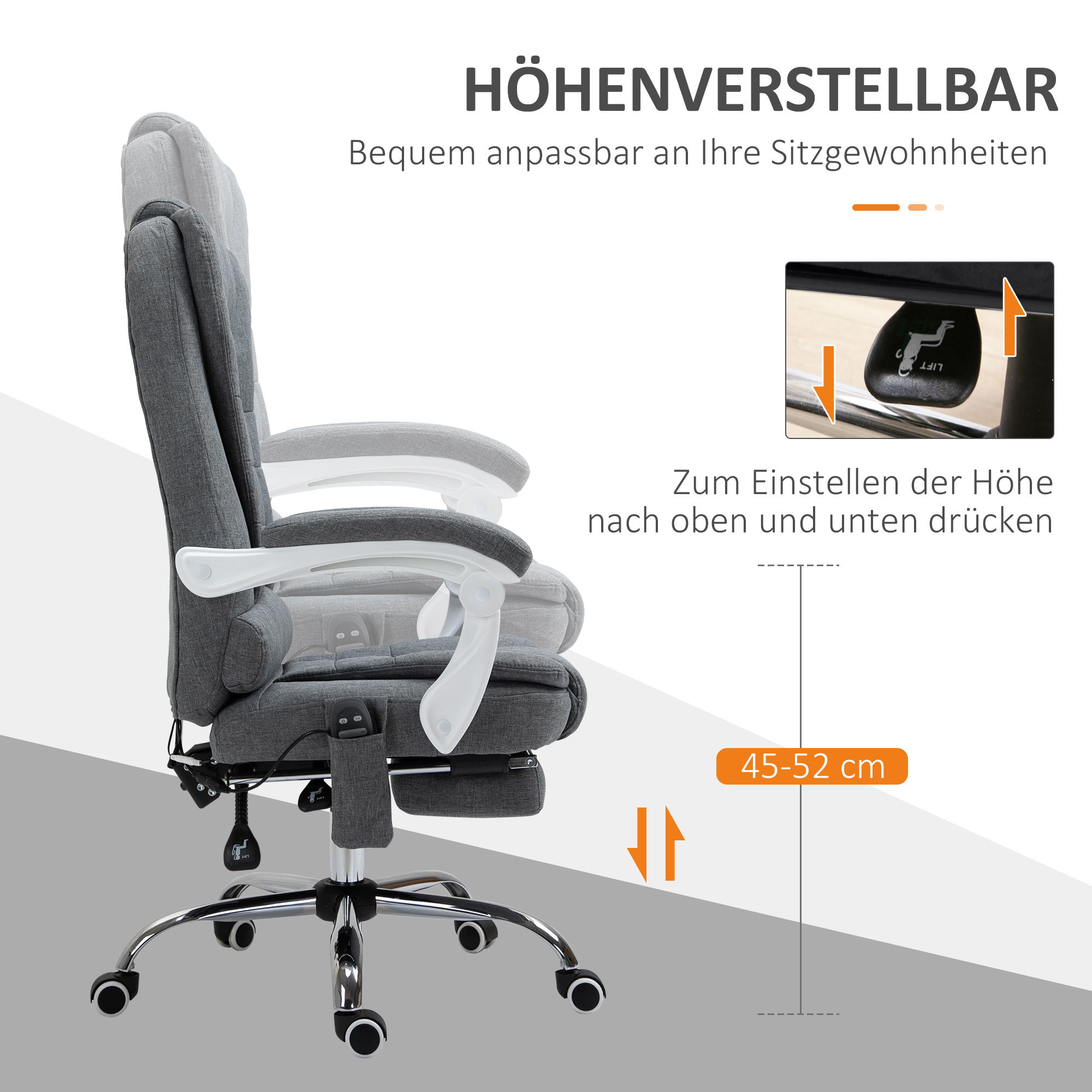 Bürostuhl mit Massage- und Heizfunktion, neigbare Rückenlehne, drehbar & höhenverstellbar, bis 120 kg, Grau