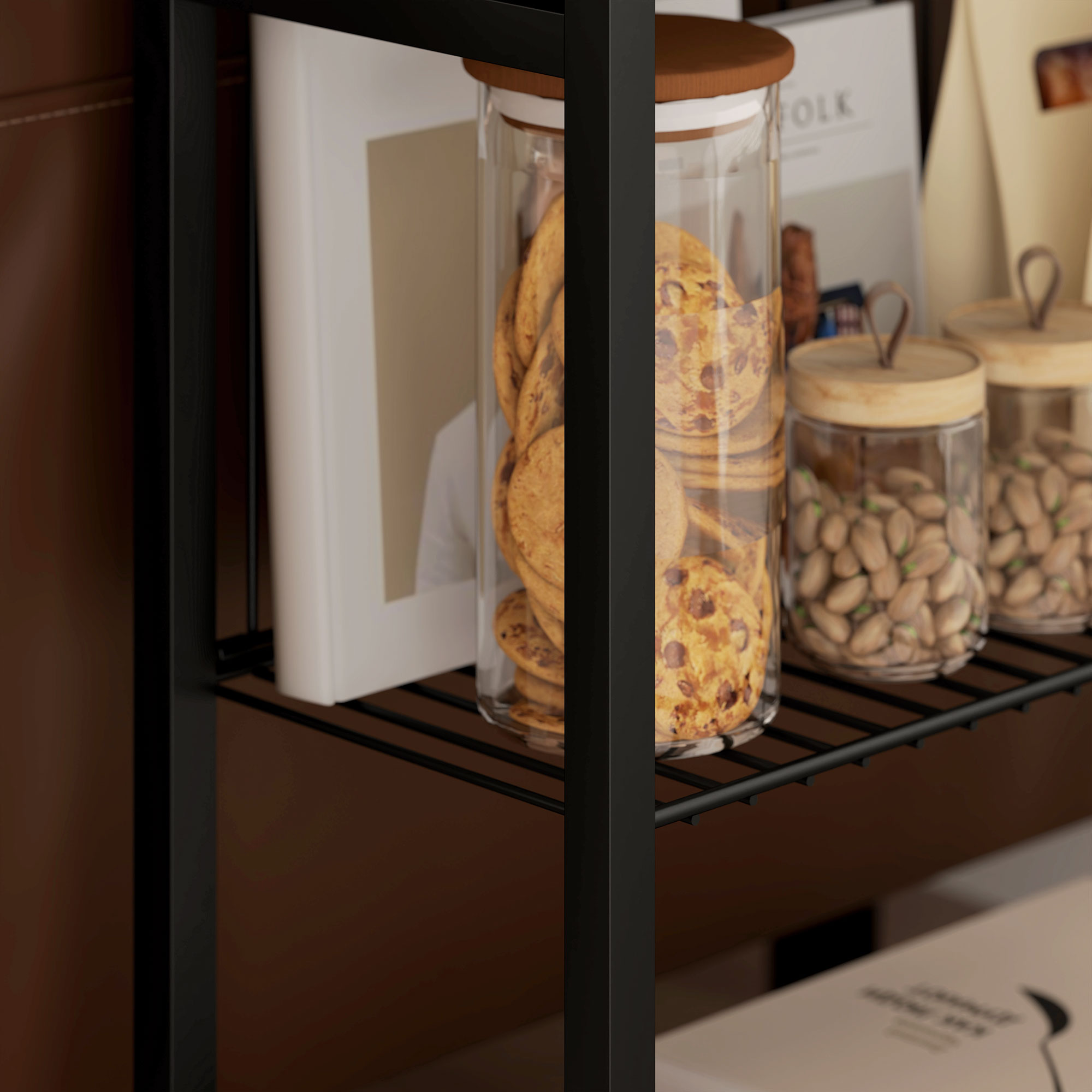 Beistelltisch, 3-stufiges Design, Regale in Holzoptik, Stahlrahmen, Schwarz