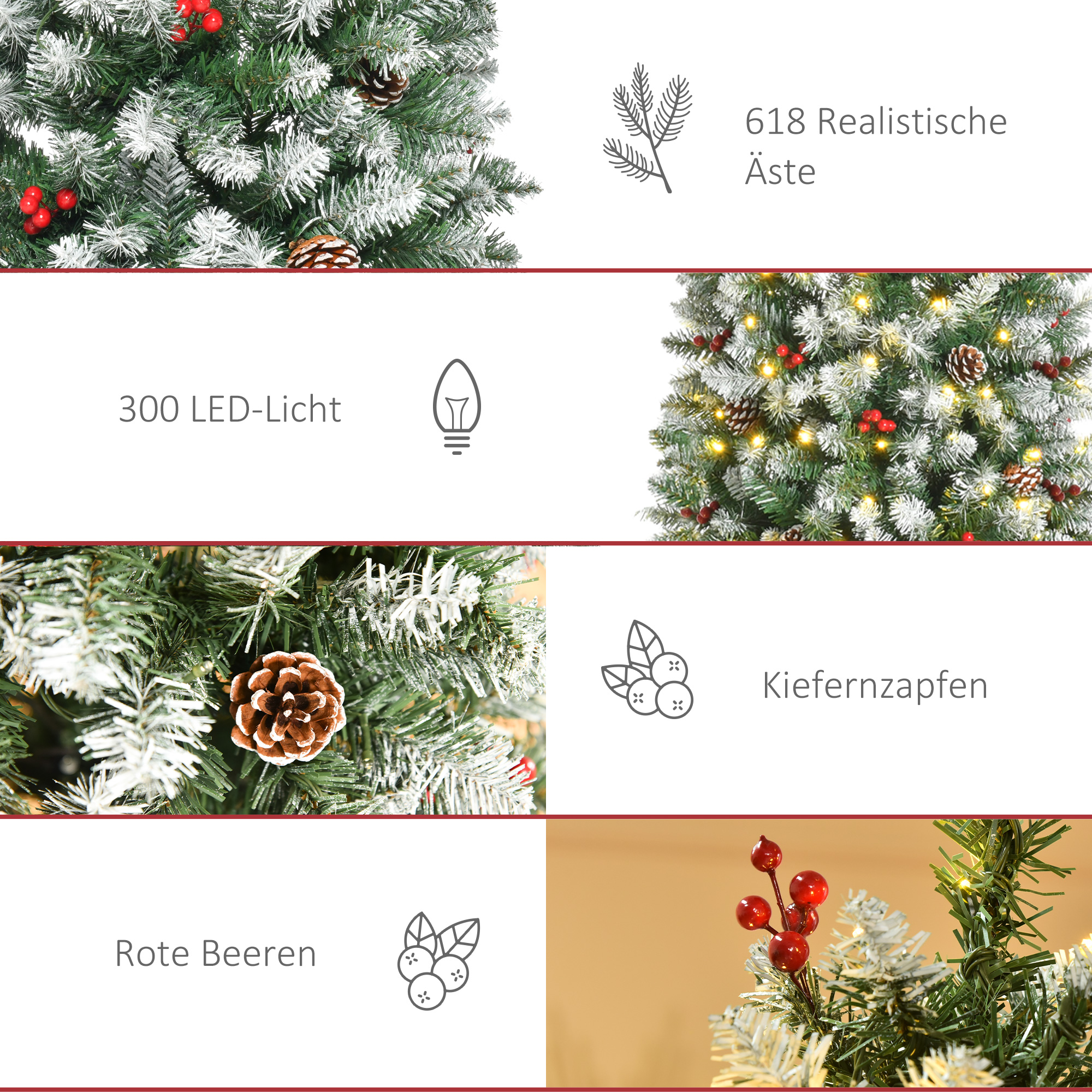 künstlicher Weihnachtsbaum 180 cm Tannenbaum künstlich mit LED Beleuchtung, Schnee, 618 Spitzen Christbaum Weihnachtsdeko inkl. Stahlständer für drinnen