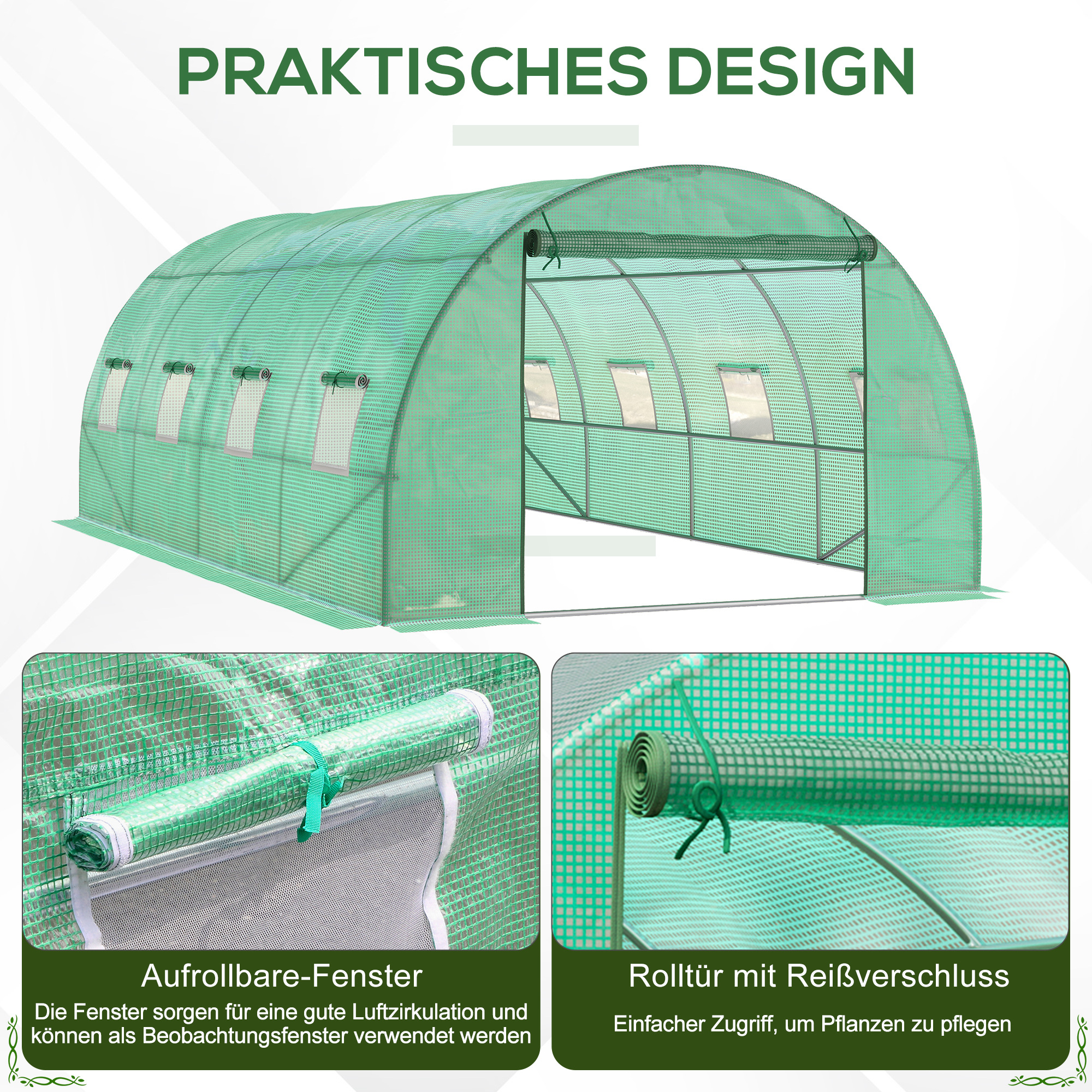Foliengewächshaus, begehbares Gewächshaus, Folientunnel, Treibhaus, Kunststoff, Stahl, Grün