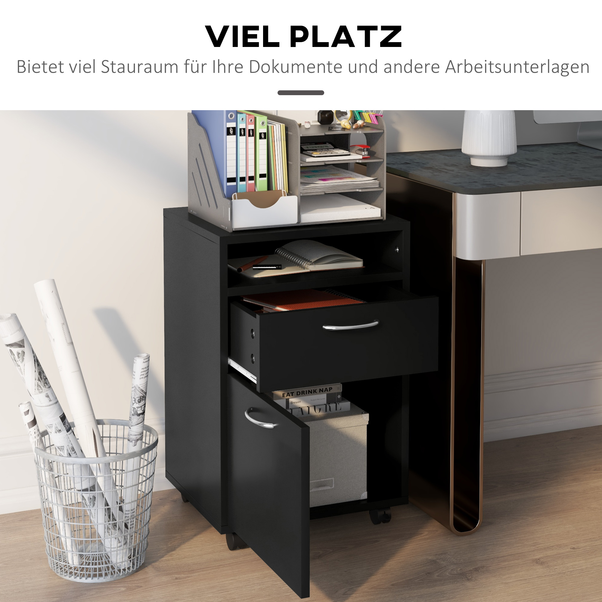 Rollcontainer Schubladencontainer Container, 1 Fach, 1 Regal, 1 Schublade, 40 cm x 3 cm x 60 cm, Schwarz