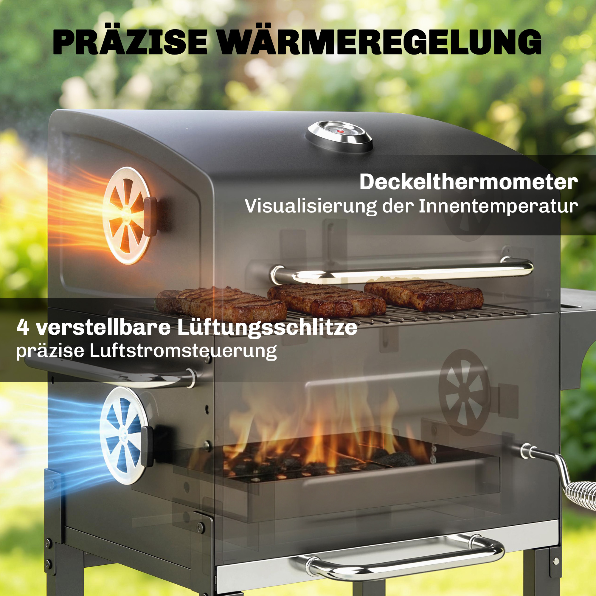 Holzkohlegrill Kompakt Grillwagen mit Deckel Thermometer Grillrost Seitentisch Aschefach Lüftungsschlitzen
