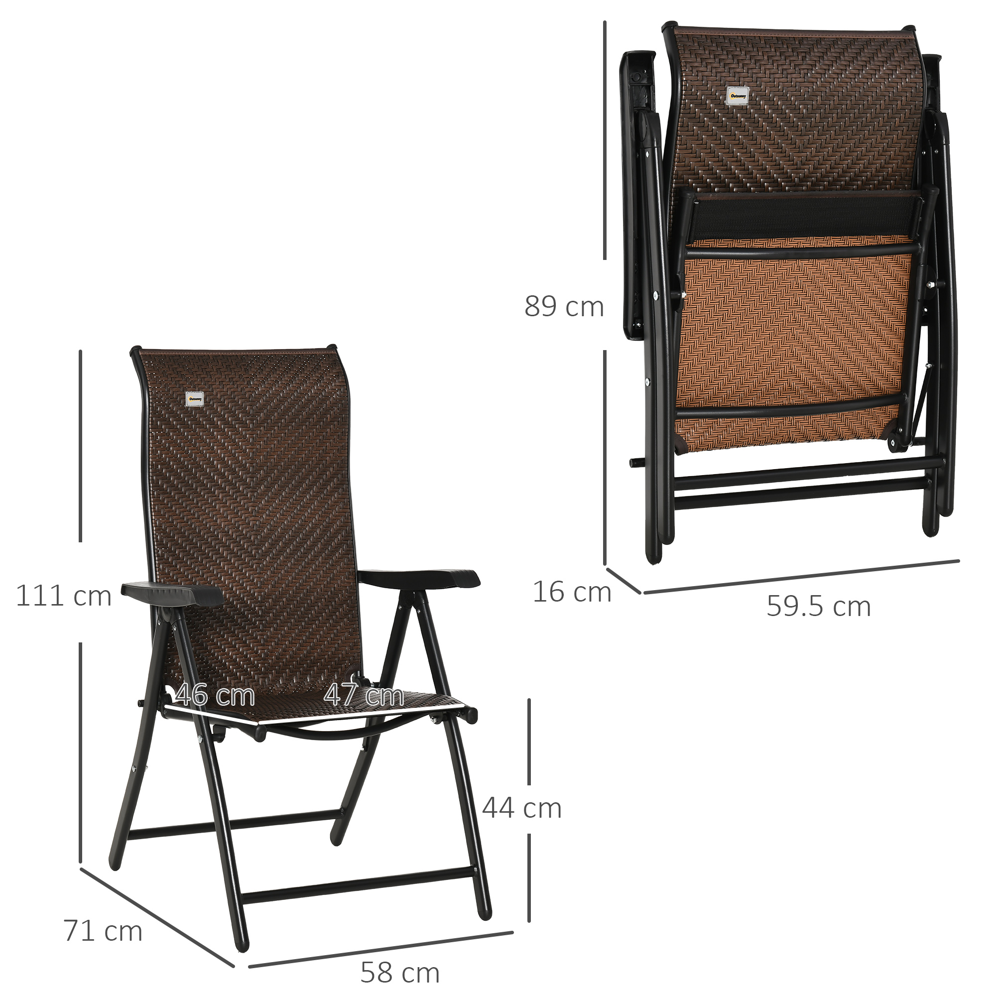 Polyrattan Gartenstuhl Klappstuhl mit 7-Fach Verstellbarer Rückenlehne wetterfester klappbar Balkonstuhl Campingstuhl 120kg Belast Gartenstühle für Garten, Balkon 58x71x111cm Braun+Schwarz