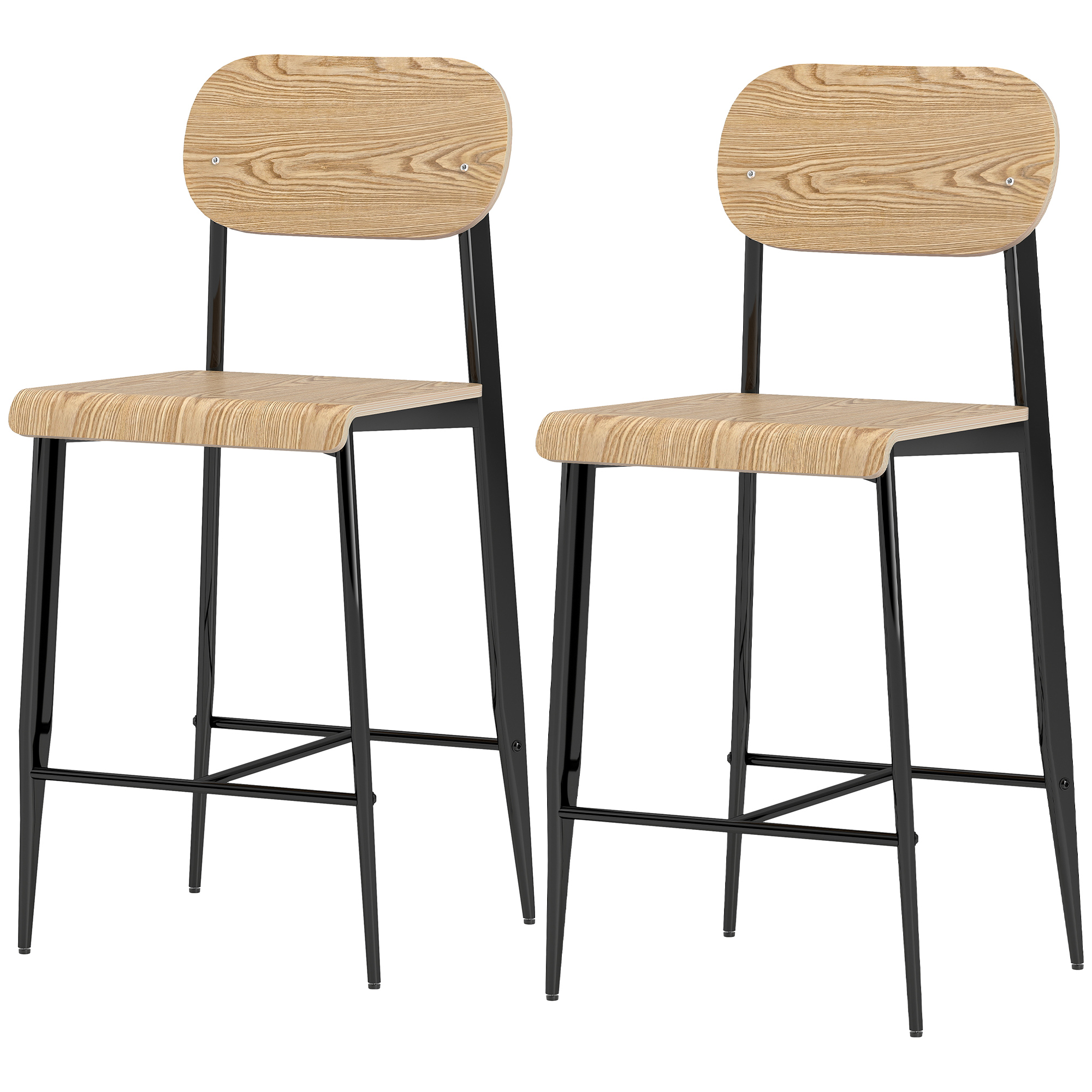 2er-Set Barhocker, Barstühle mit Rückenlehne und Metallgestell, Holz, Hellbraun