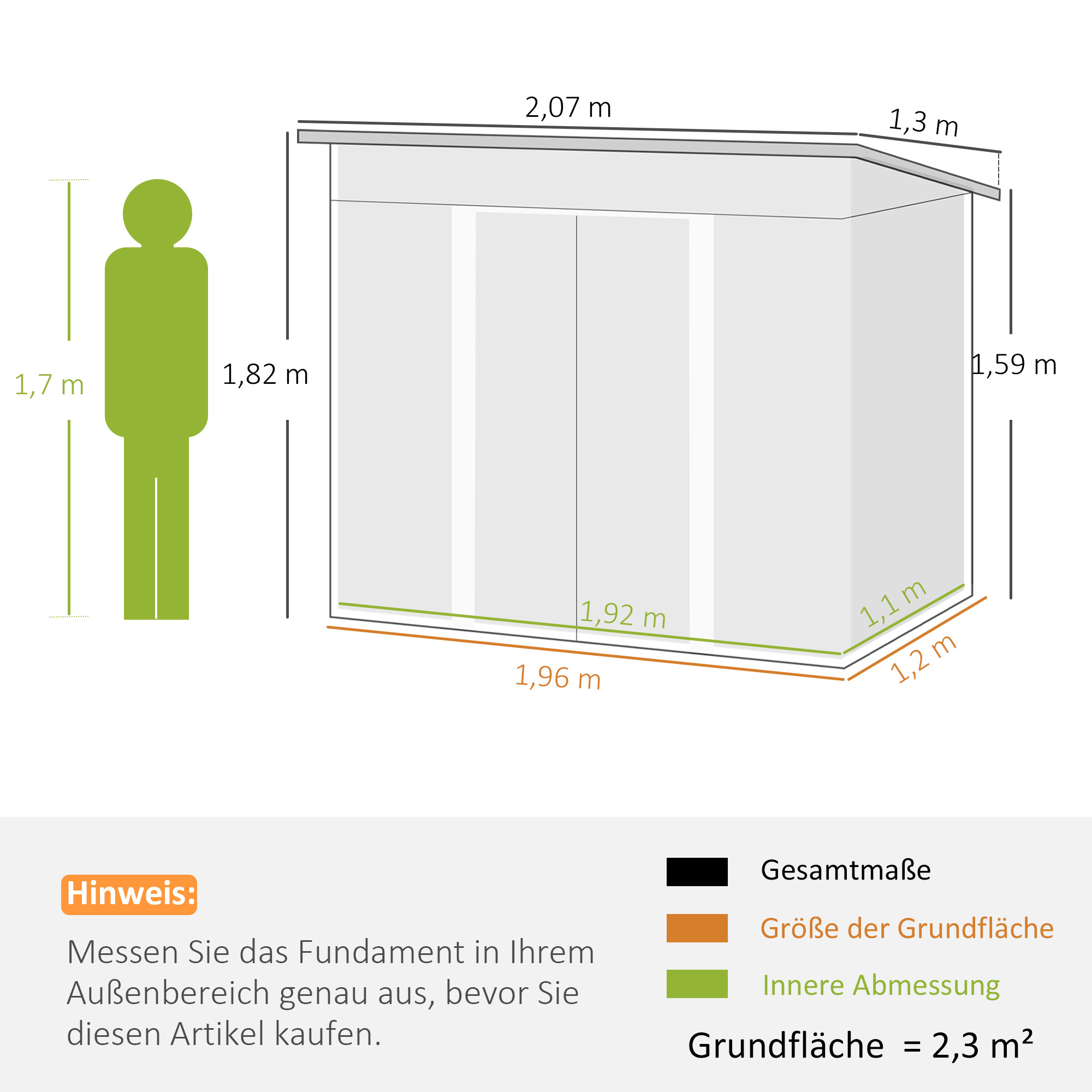 Gerätehaus Metall 2,3 m² 207 x 130 x 182 cm Geräteschuppen mit Pultdach Fenster Bodenrahmen Grün