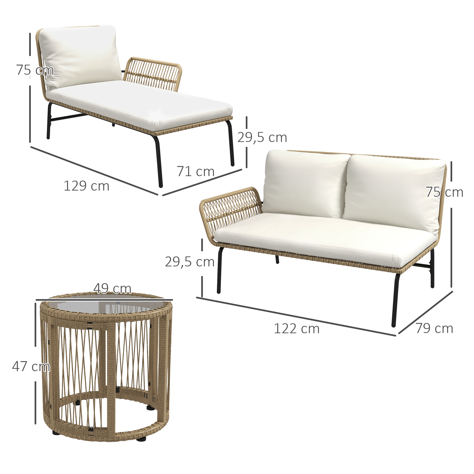 Gartensitzgrupp Loungemöbel-Set, PE Rattan, 122 x 79 x 75 cm, Natur + Cremweiß