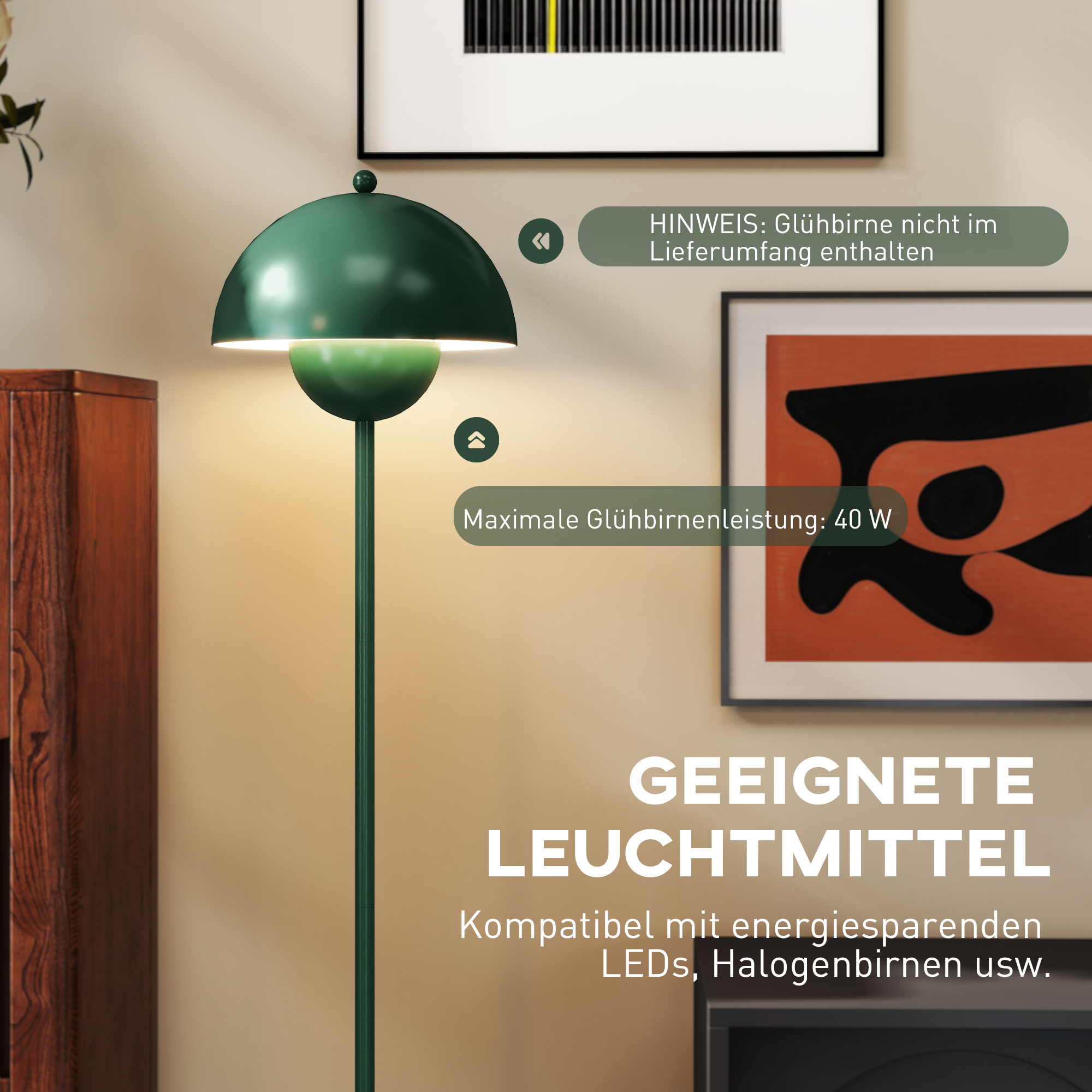 Stehlampe, runder Schirm, Fußschalter, langes Kabel, eleganter Look, Stahl, Grün