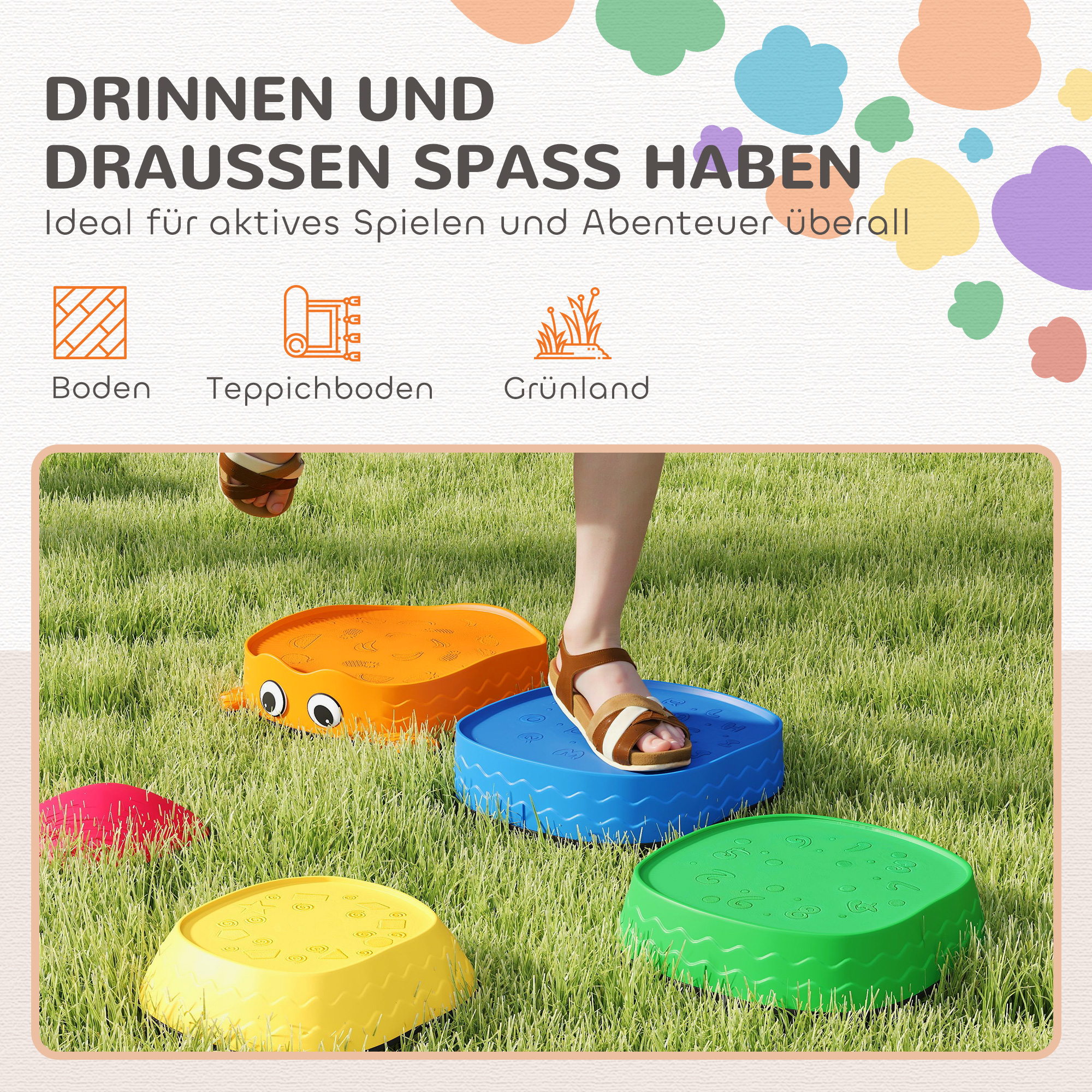 5er-Set Trittsteine zum Balancieren, stapelbar, Froschform, Kunststoff, Bunt
