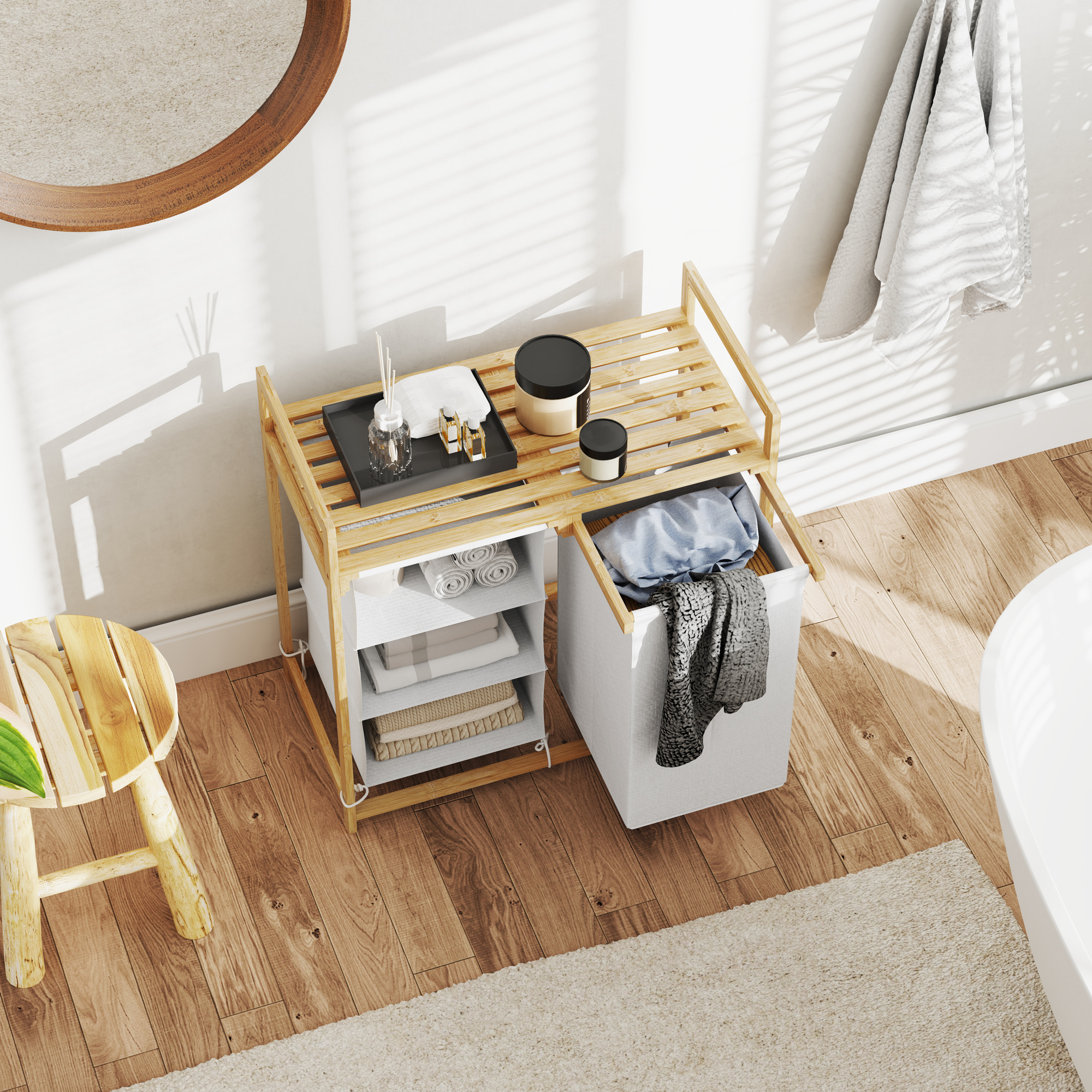 Wäschekorb mit Wäschesack, Stoffschublade, Bambus, 70x36x70 cm, Weiß/Holz