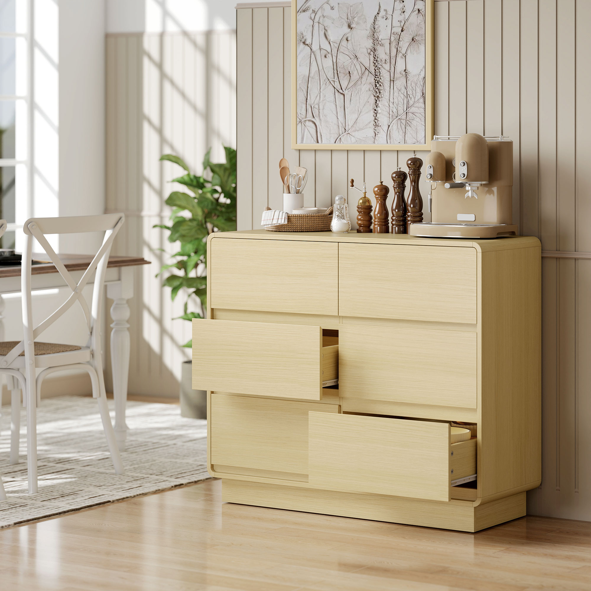 100 cm Sideboard, Buffetschrank mit 6 Schubladen, Kommode für Küche, Wohnzimmer, Esszimmer, Naturholz