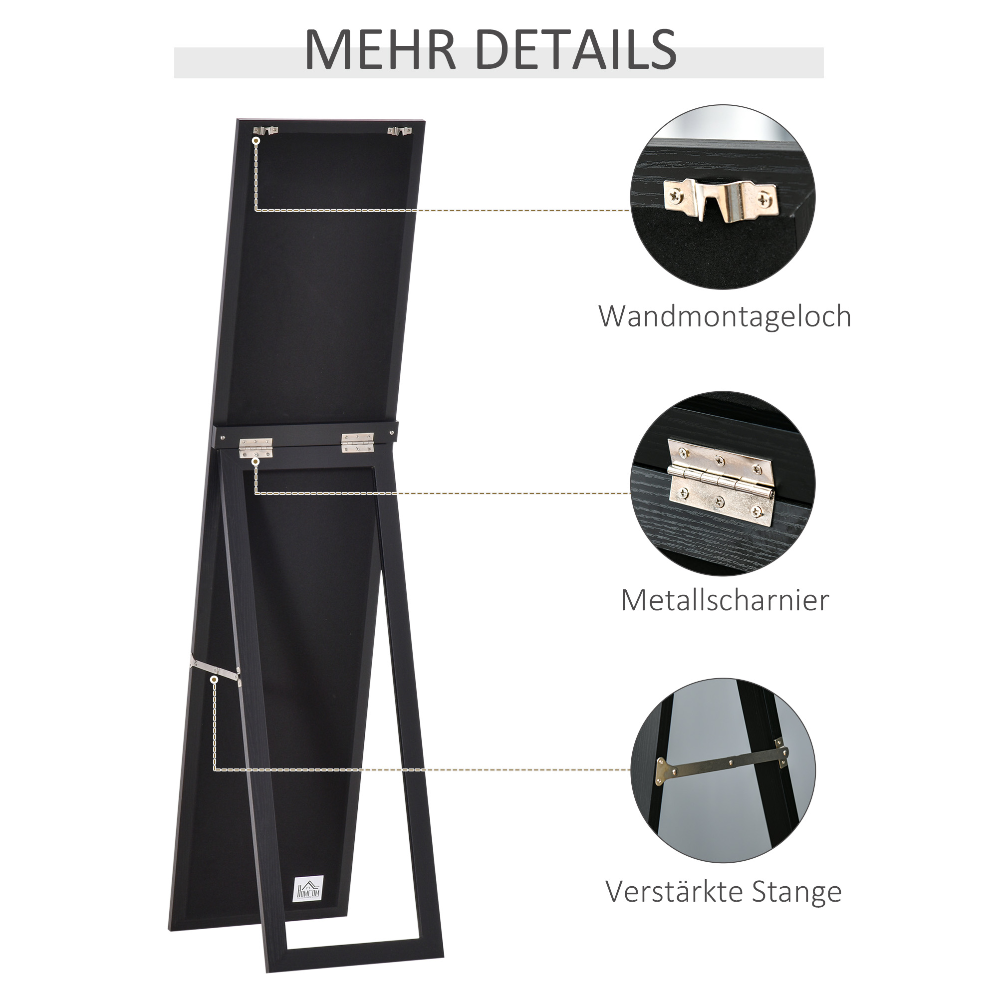 Ganzkörperspiegel, freistehend, Wandmontage, MDF-Rahmen, 37 x 37 x 154 cm, Schwarz