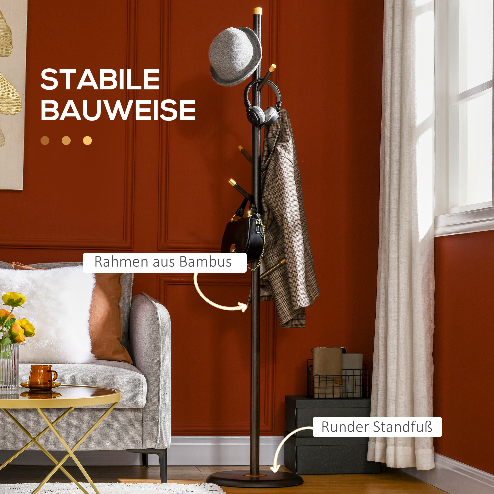 Garderobenständer, Kleiderständer, 6 Haken, Walnuss