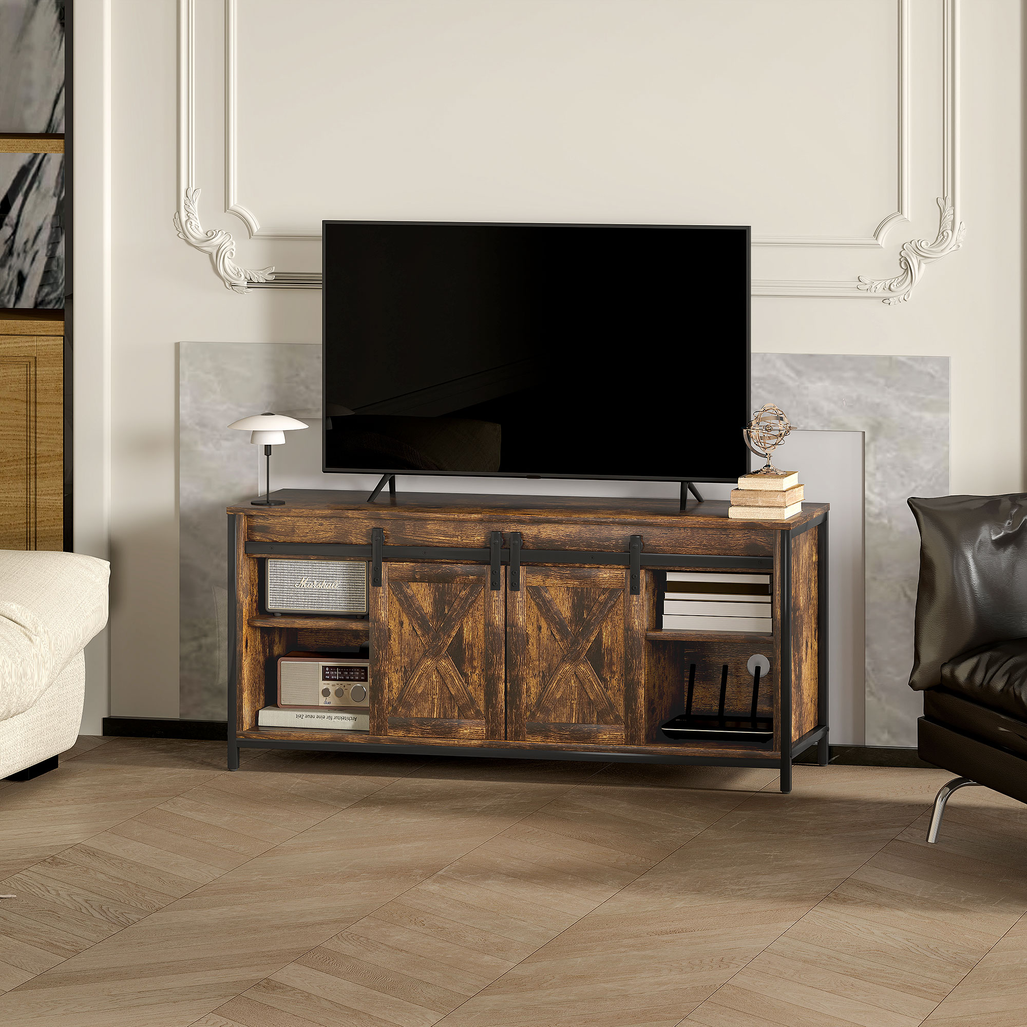 TV Lowboard, Industrial Design, für 60'' TVs, 6 Fächer, 2 Schiebetüren, Braun/Schwarz