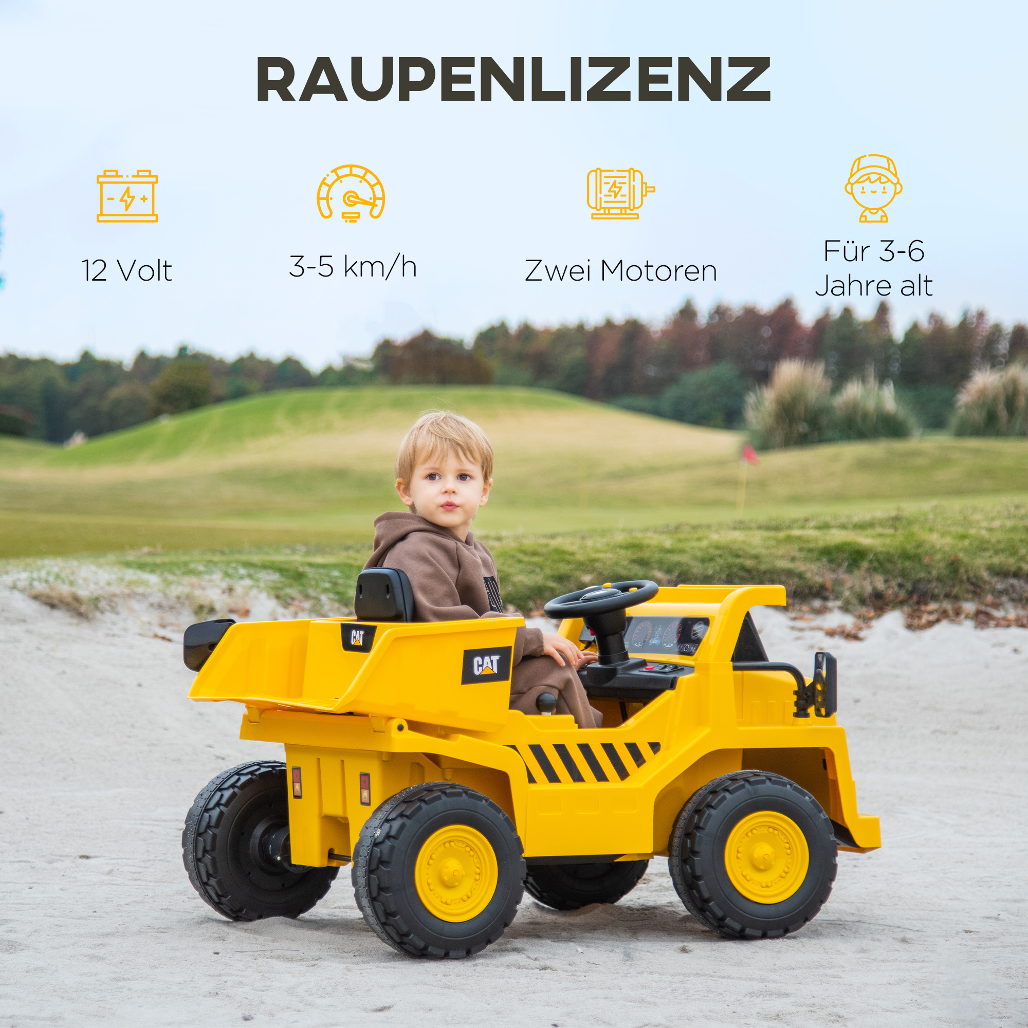 Kinderfahrzeug, Caterpillar Kipplaster, 3-5 km/h, mit Fernsteuerung, 3-6 Jahre, Gelb