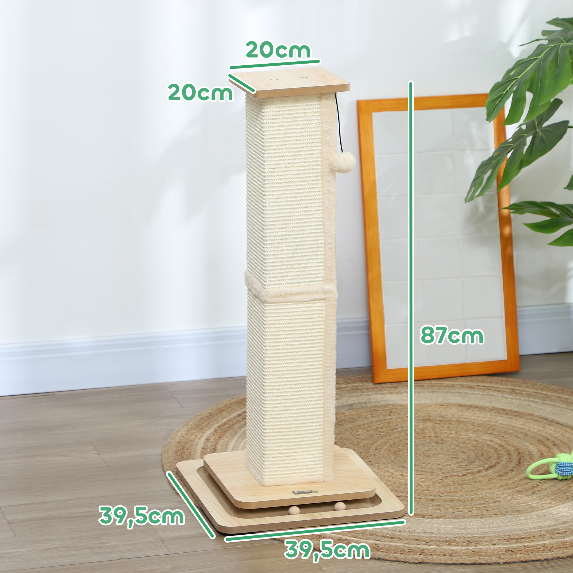 3-in-1-Kratzbaum mit Spielschiene, Spielball, Sisal, bis 10 kg, 39,5 x 39,5 x 87 cm, Eiche/Creme