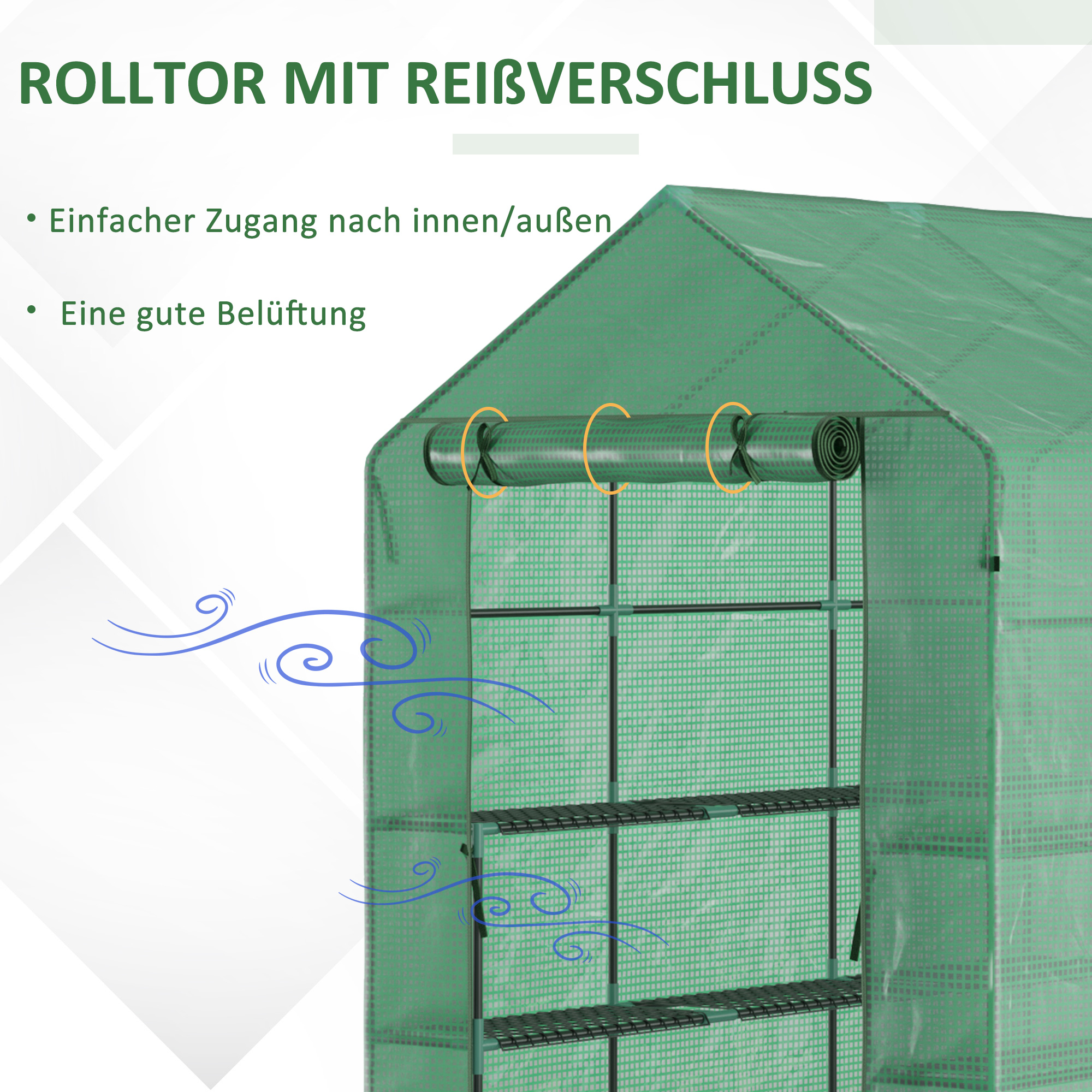 Foliengewächshaus begehbares Gewächshaus mit 8 Regalebenen Tomatengewächshaus Treibhaus Frühbeet mit Tür Grün Stahl PE-Kunststoff 214 x 143 x 195 cm