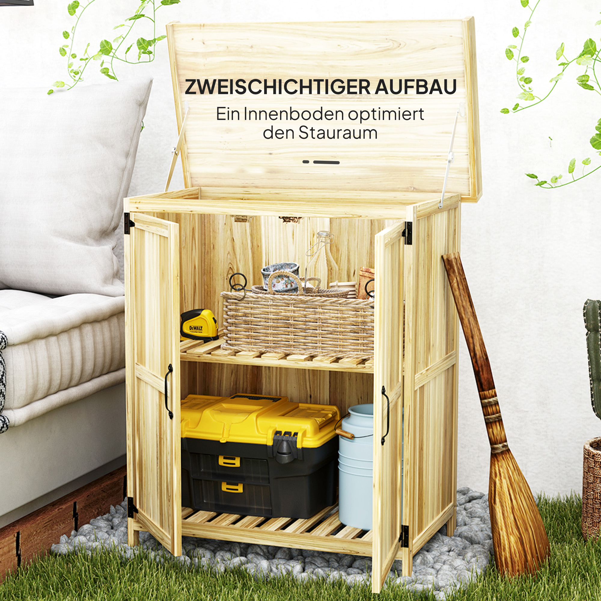 Gartenschrank, Werkzeugschrank für den Außenbereich, mit Arbeitsfläche, Holz und Edelstahl, Doppeltüren, Naturholz