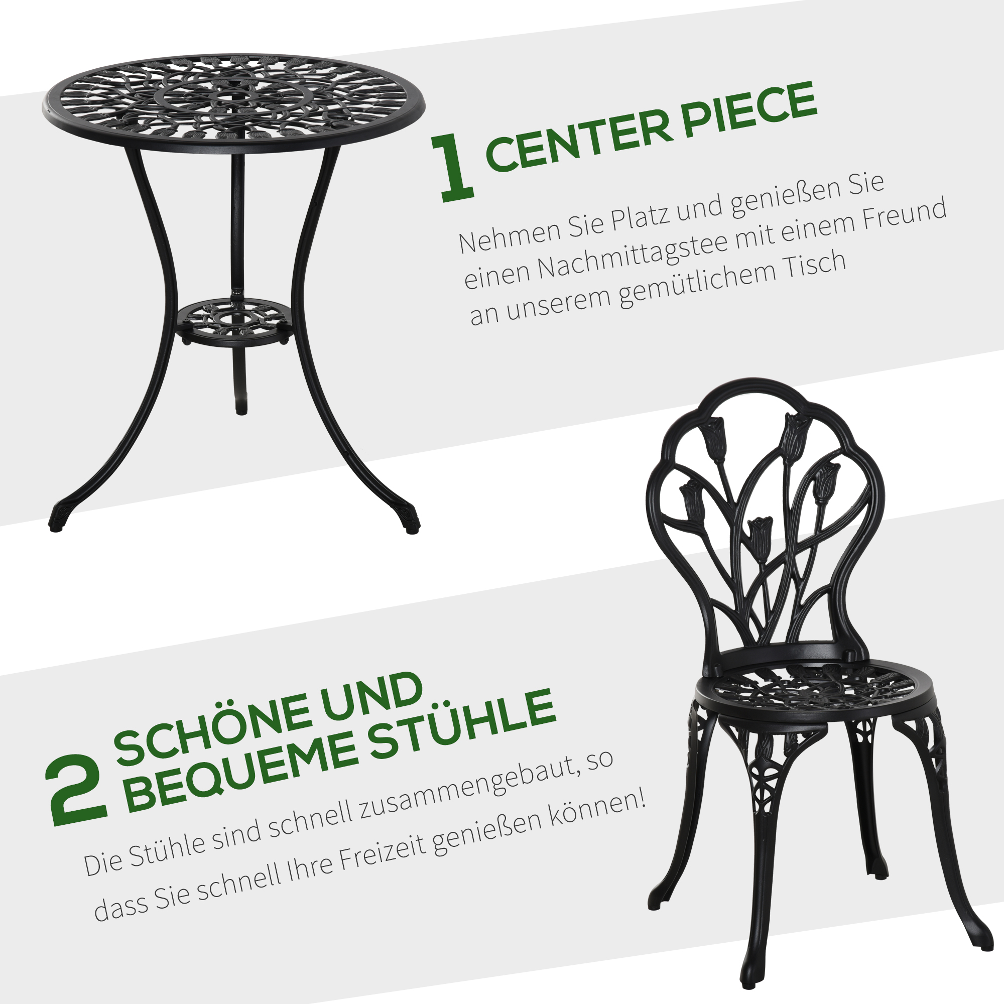 Bistroset wetterfest für 2 Personen 1 Tisch+2 Stühle mit Schirmloch für mehrere Orte Aluminium Schwarz