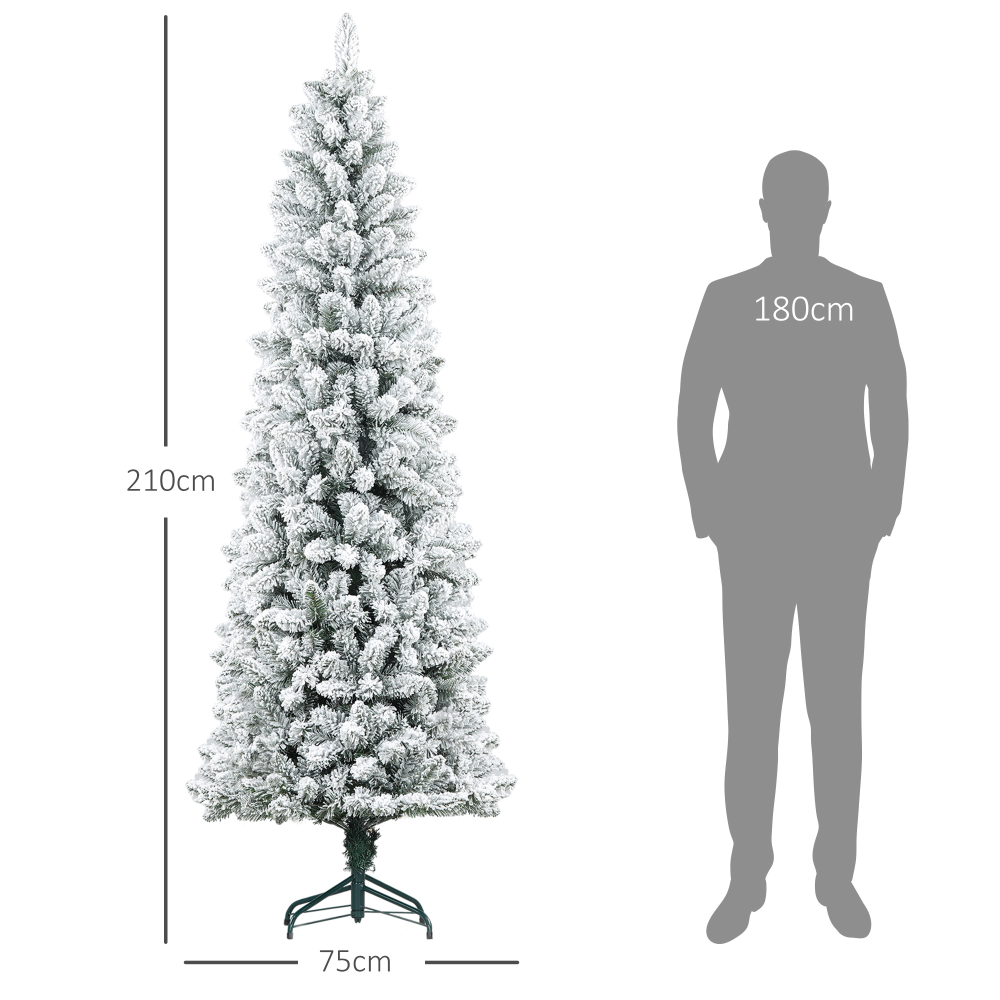 Weihnachtsbaum, flammenhemmend, mit Kunstschnee, schlank, Stahlfuß, 75 x 210 cm, Grün