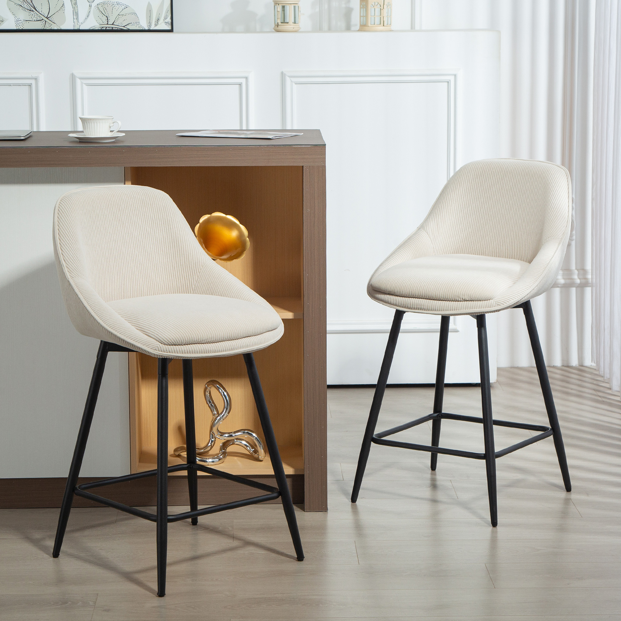 2er-Set Barstühle mit Cordbezug und Stahlbeinen, Polsterstühle für Kücheninsel, Esszimmer, Creme