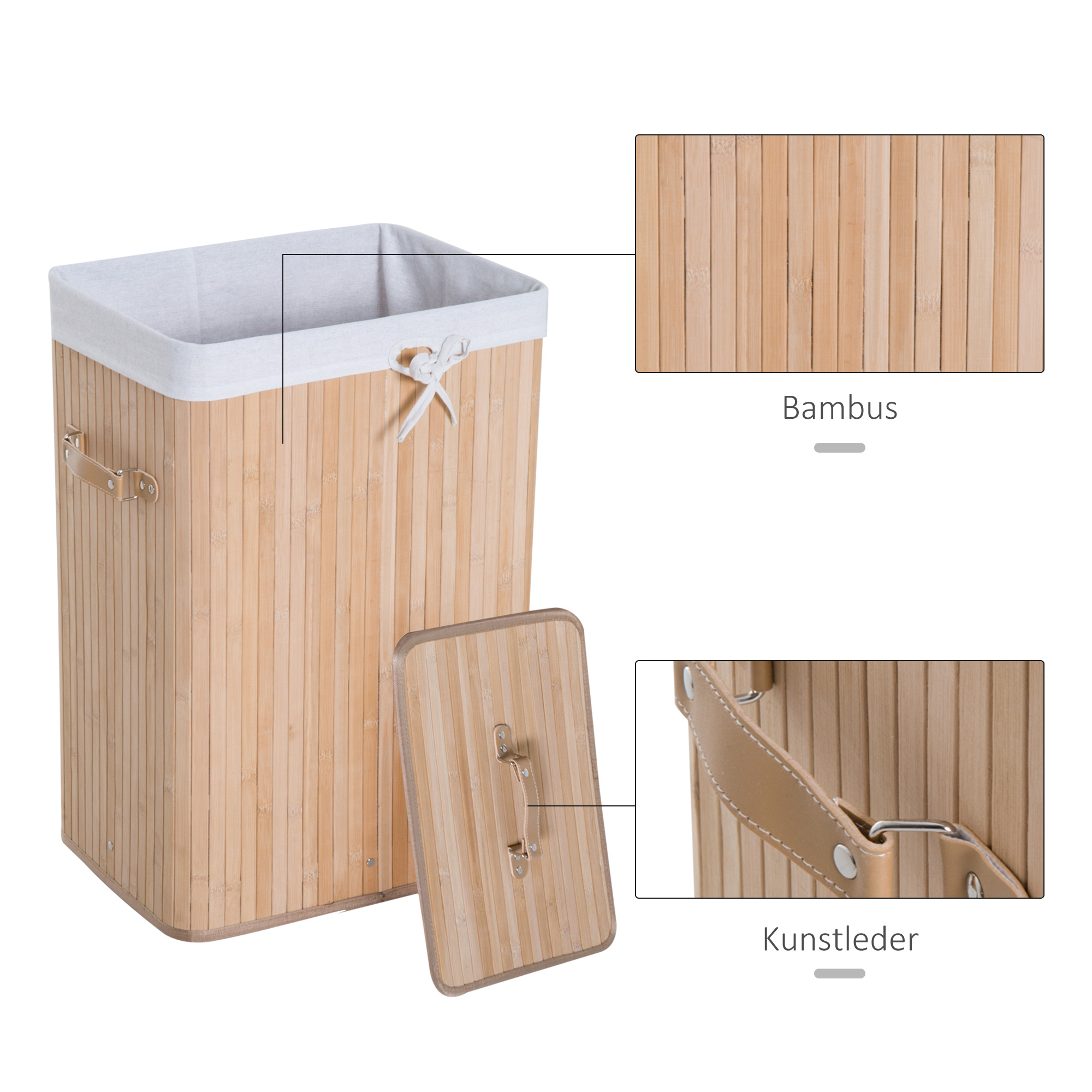 Wäschekorb schmal mit Deckel 72L Wäschesammler mit Griff, herausnehmbarer Wäschesack, Wäschebox für Waschküche Schlafzimmer Badezimmer, Natur