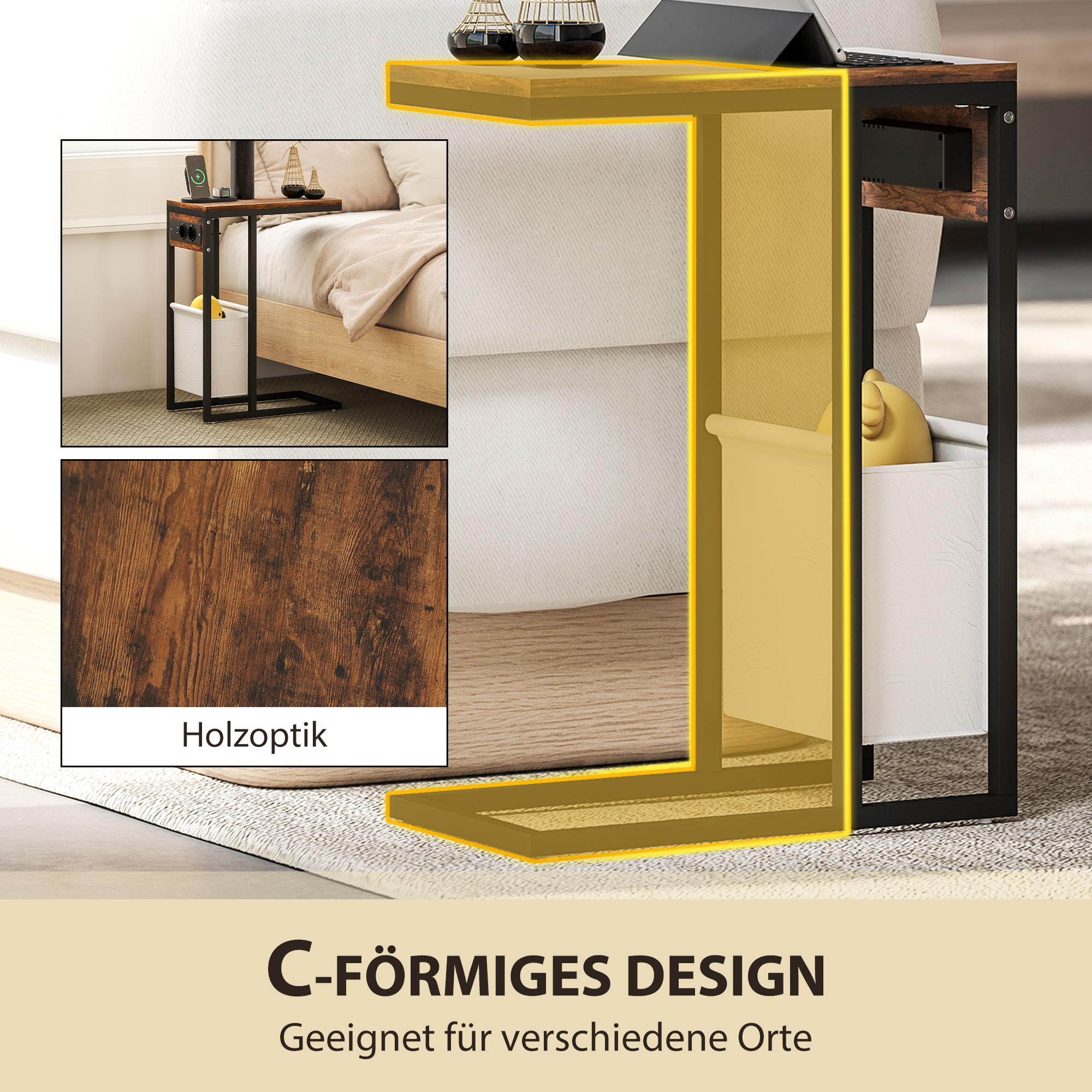 Beistelltisch mit Steckdosen, USB-Anschlüssen, Kabel, C-förmiges Design