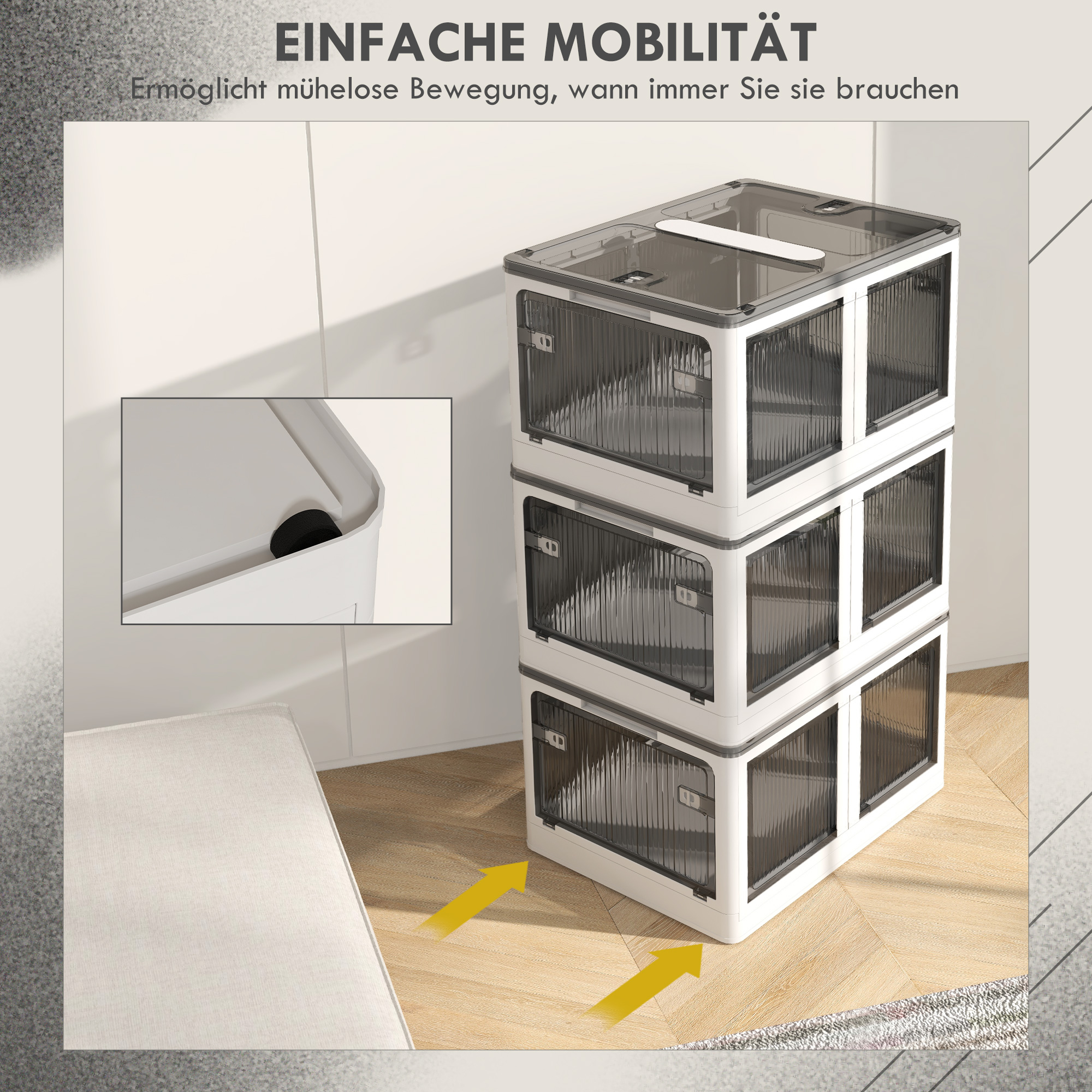 Aufbewahrungsbox, 3er-Set, klappbar, mit Rollen, 60 x 42 x 34 cm, Weiß