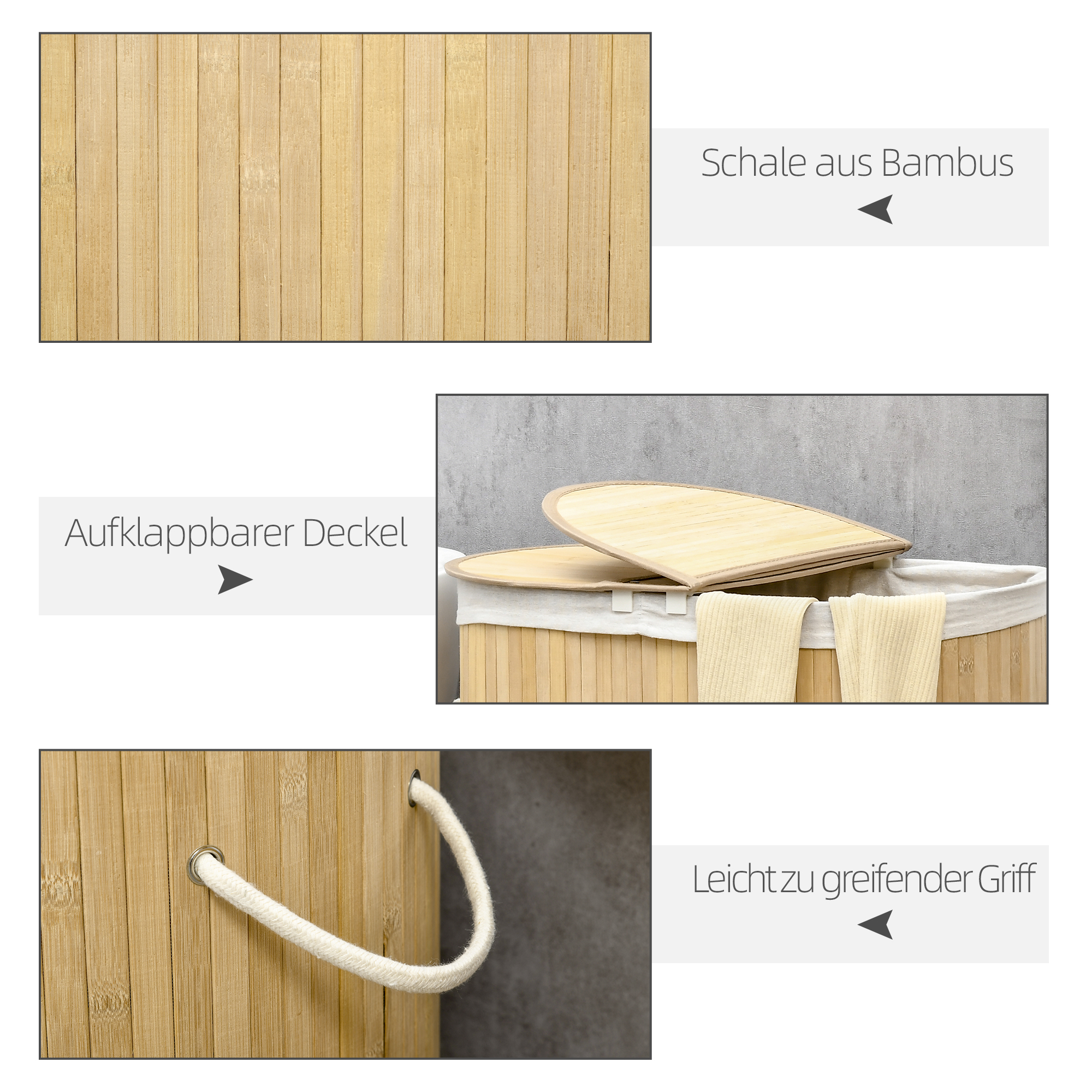 Wäschekorb 100L mit herausnehmbaren Wäschebank 62,5 cm x 37 cm x 60,5 cm Natur + Weiß