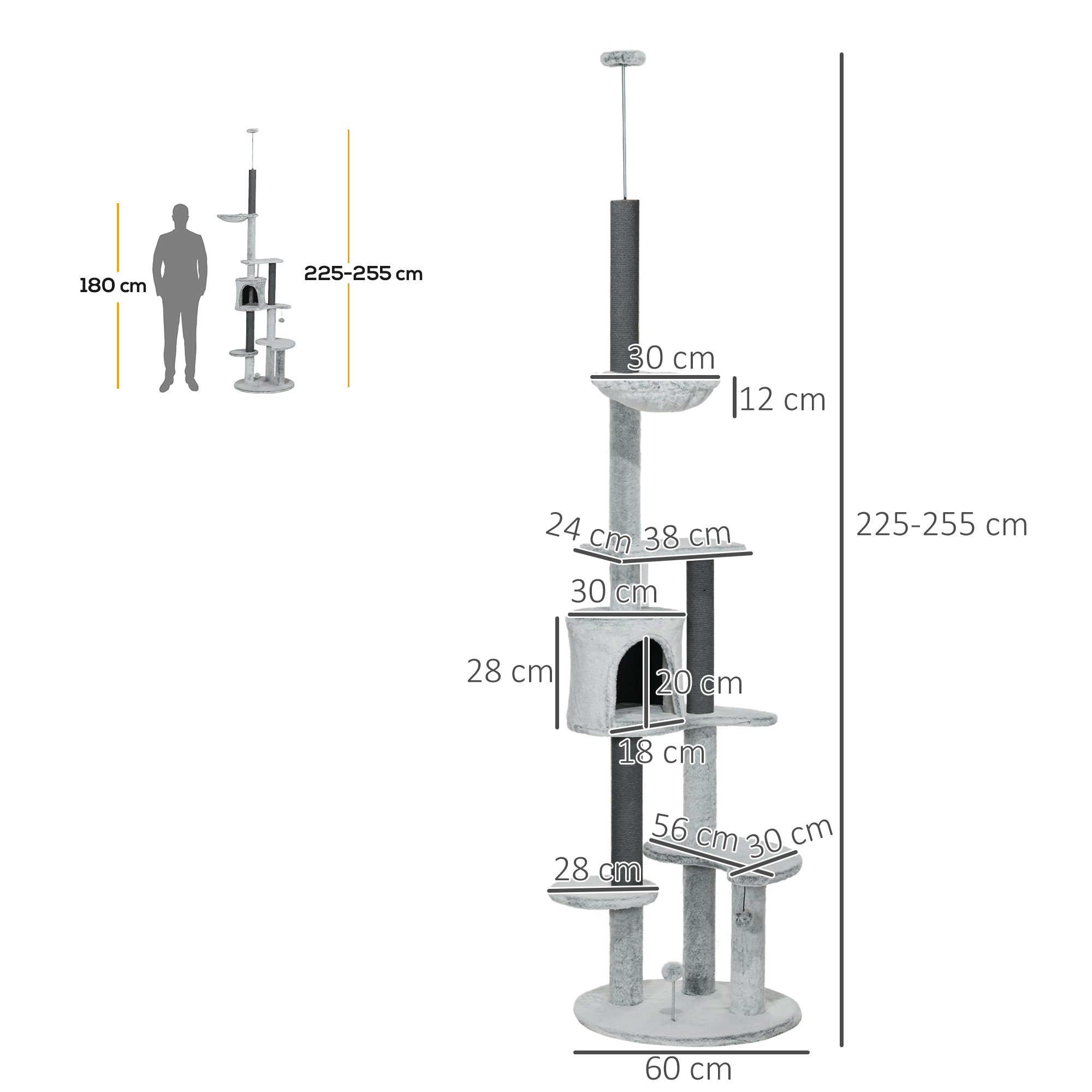 Kratzbaum mit Deckenspanner, Hängematte, Haus, Plattformen, Spielball, 225-255cm, Grau