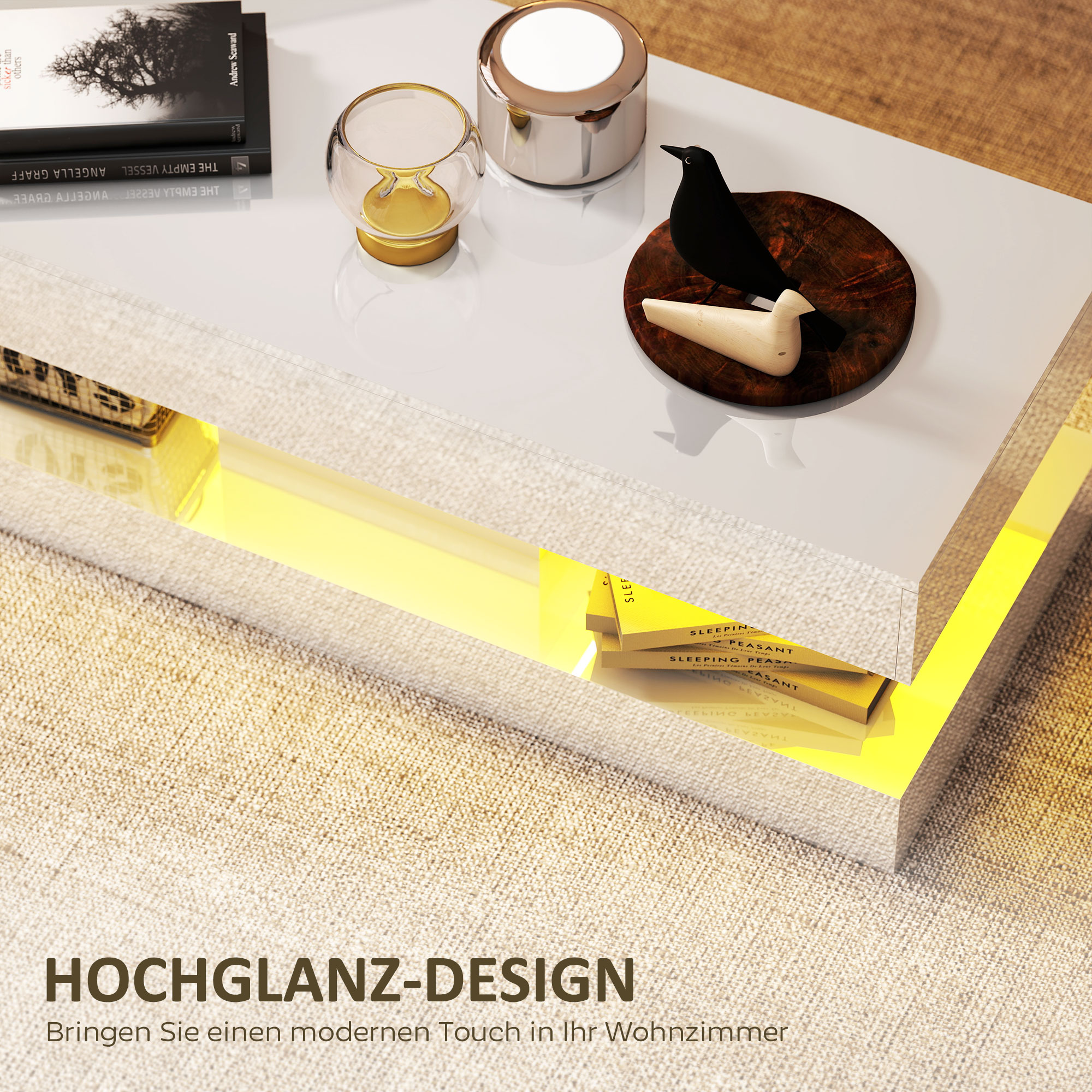 Wohnzimmertisch mit Schubladen und LED-Lichtern, moderner Sofatisch mit offener Ablage, Couchtisch, Spanplatte, Weiß