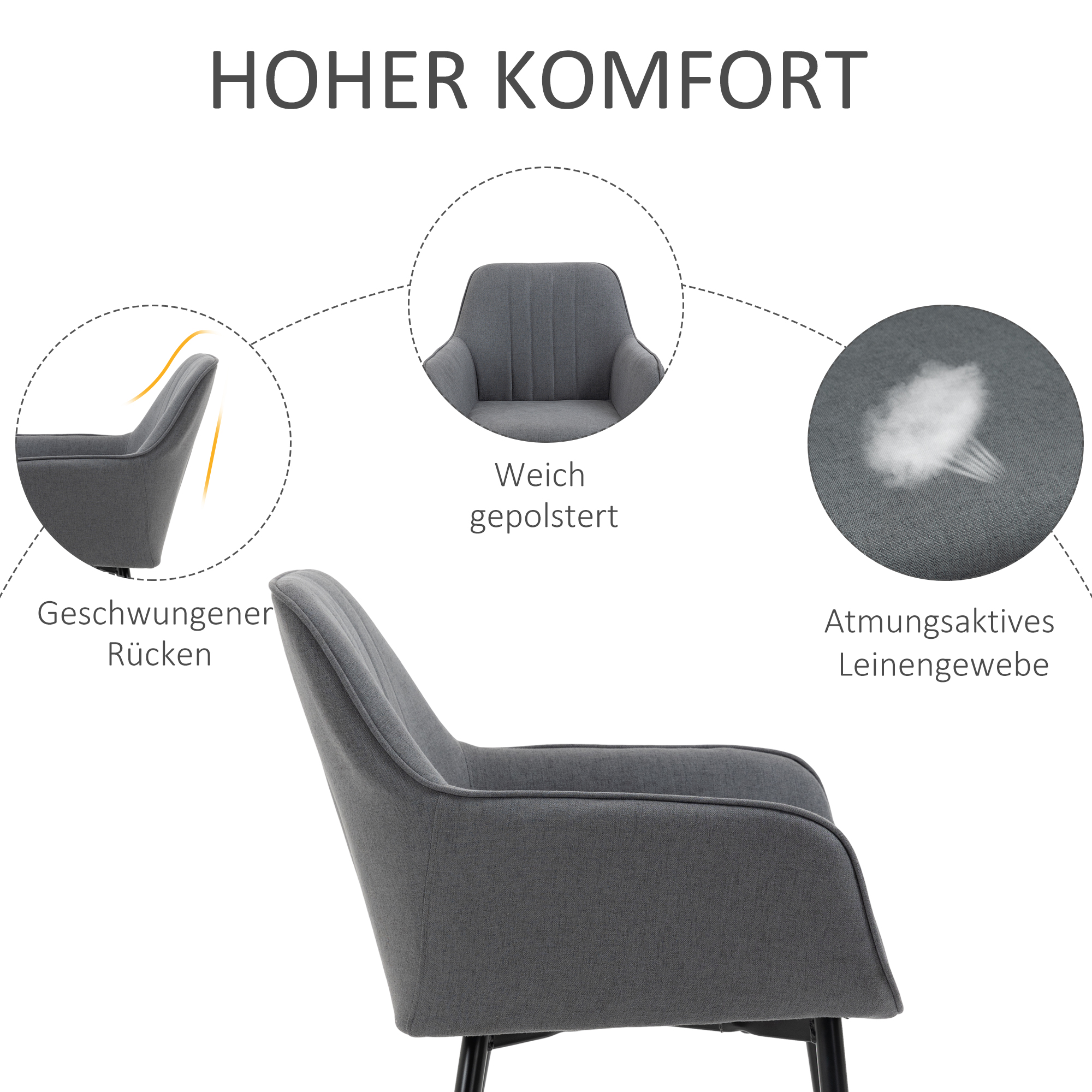 2er Set Esszimmerstühle Essstühle Polsterstuhl mit atmungsaktivem Leinenbezug Wohnzimmerstuhl Sessel Küchenstuhl mit Rückenlehne Armlehne Leinen Dunkelgrau 59,5 x 56,5 x 81 cm