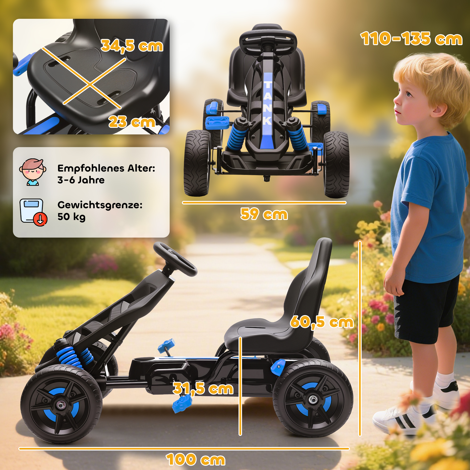 Gokart mit Pedalen, Tretauto für Kinder mit Bremse, rutschfeste Räder, Metallrahmen, 3-6 Jahre, Blau