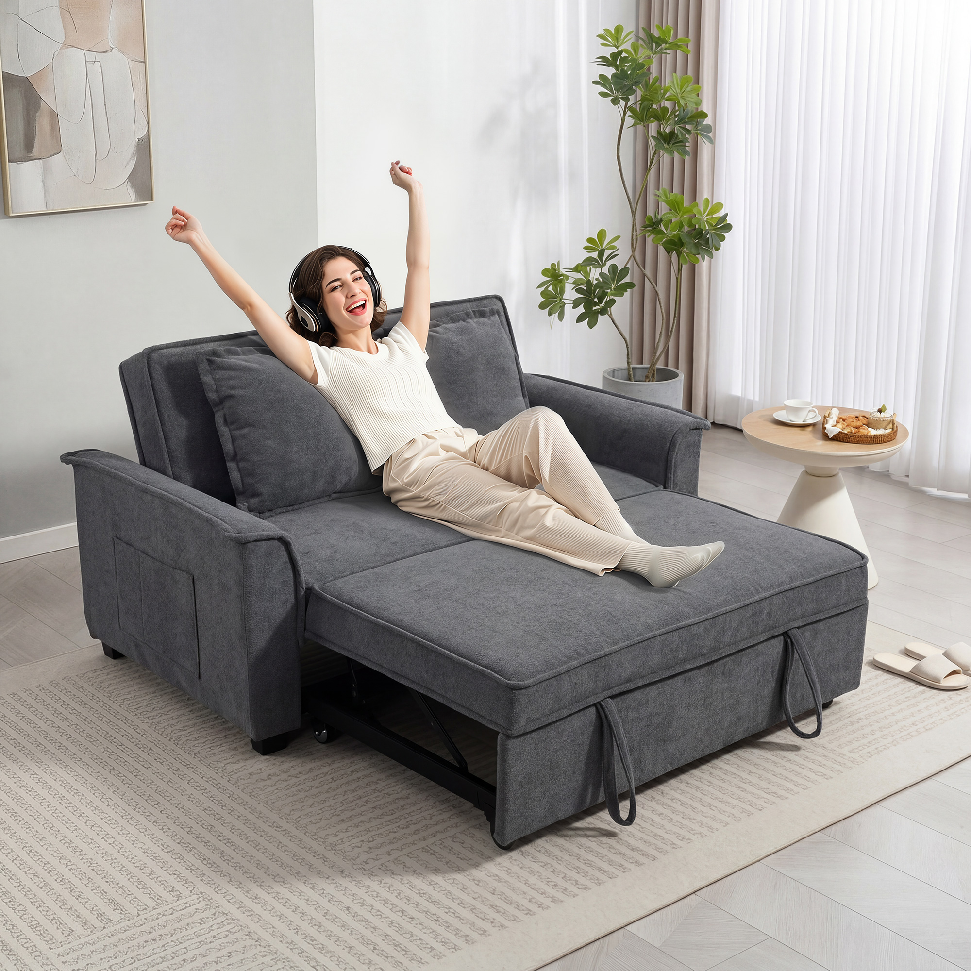 Futon-Schlafsofa, verstellbare Rückenlehne, 2-Sitzer mit 2 Kissen, Dunkelgrau