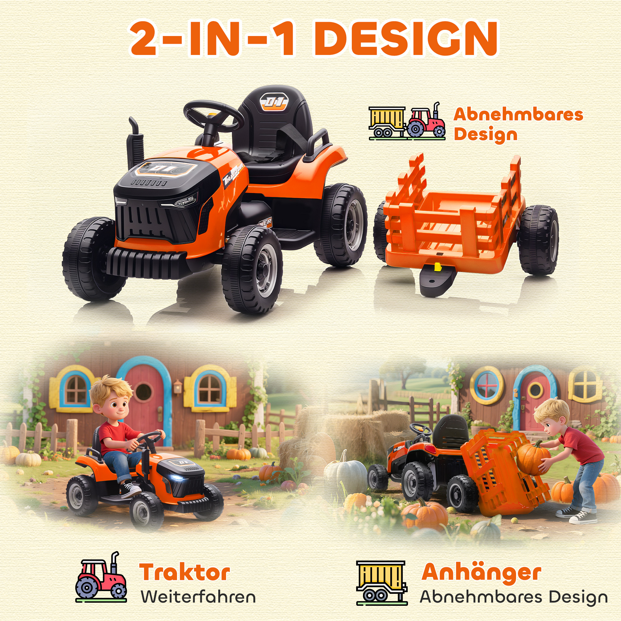 Kinderfahrzeug, Aufsitz-Traktor mit Fernbedienung, Soft-Start, für Kinder im Alter von 3-8 Jahren, Orange