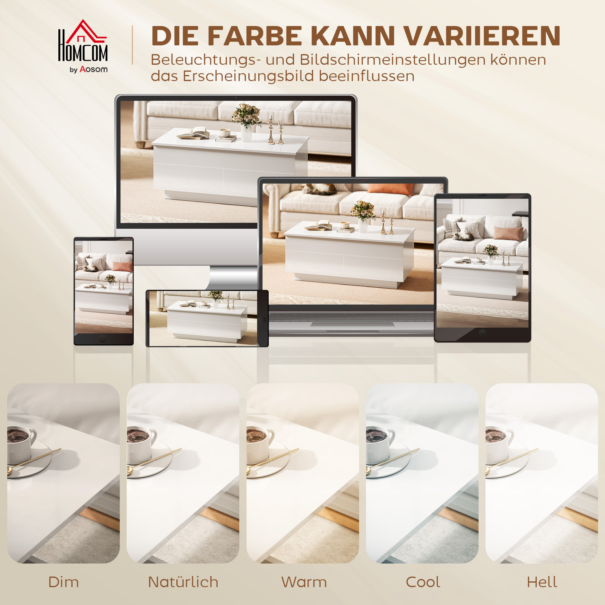 Couchtisch Höhenverstellbar, Moderner Wohnzimmertisch mit verstecktem Stauraum und 2 Schubladen, Hochglanz Weiß