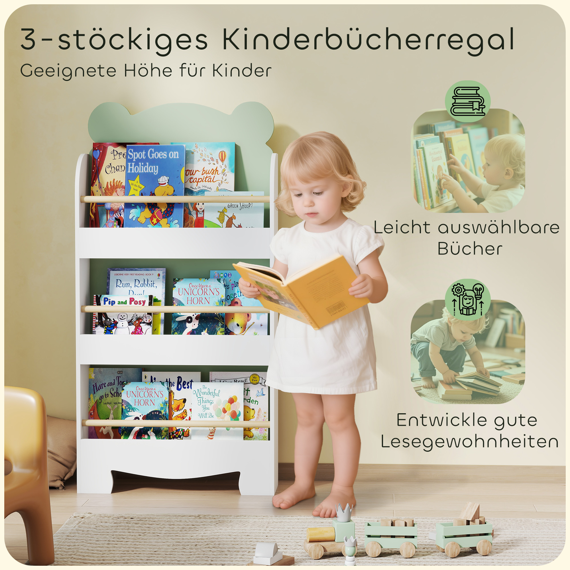 Bücherregal Kinder, 3-stufiges Kinderregal mit Bärenthema für Bücher Spielzeug Kinderzimmer, 55 x 15 x 110 cm, Grün