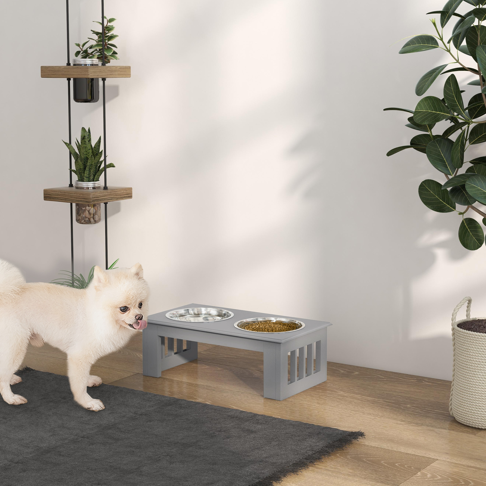 Hunde-Futterstation, rutschfest, 44x24x15cm, Grau, 0,9L pro Napf